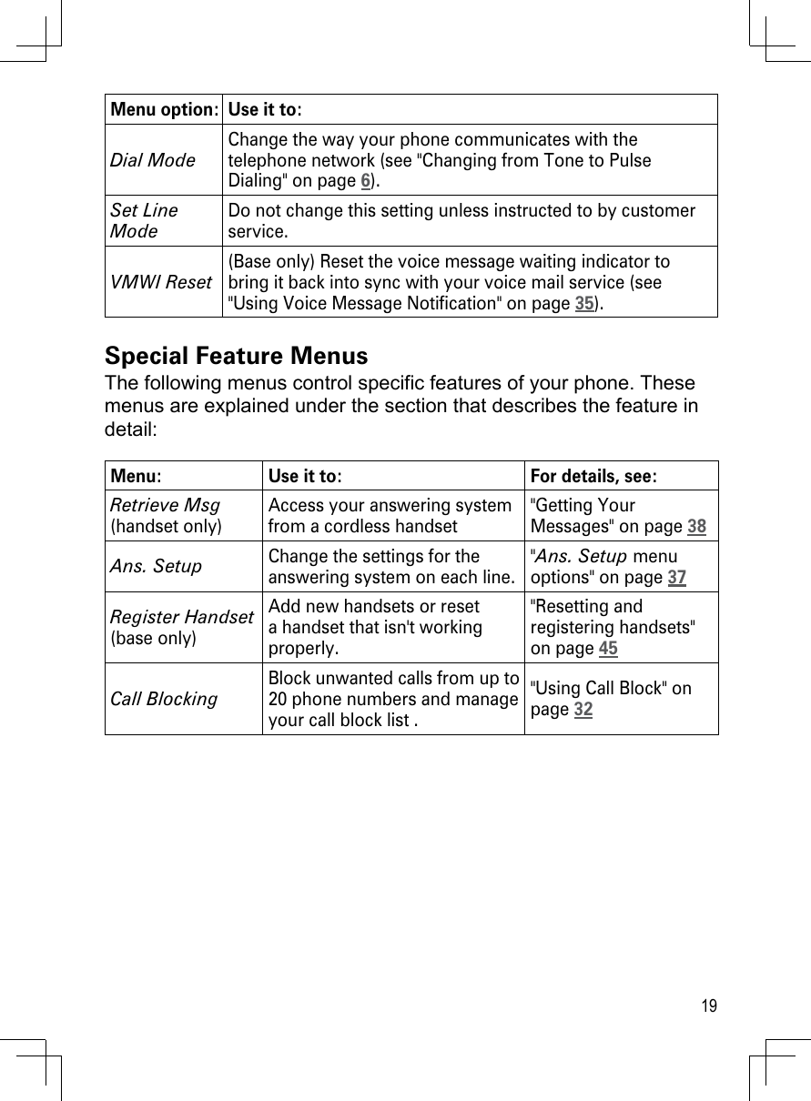 19Menu option: Use it to:Dial ModeChange the way your phone communicates with the telephone network (see &quot;Changing from Tone to Pulse Dialing&quot; on page 6).Set Line ModeDo not change this setting unless instructed to by customer service. VMWI Reset(Base only) Reset the voice message waiting indicator to bring it back into sync with your voice mail service (see &quot;Using Voice Message Notification&quot; on page 35).Special Feature MenusThe following menus control specific features of your phone. These menus are explained under the section that describes the feature in detail:Menu: Use it to: For details, see:Retrieve Msg (handset only)Access your answering system from a cordless handset&quot;Getting Your Messages&quot; on page 38Ans. SetupChange the settings for the answering system on each line. &quot;Ans. Setup menu options&quot; on page 37Register Handset (base only)Add new handsets or reset a handset that isn&apos;t working properly.&quot;Resetting and registering handsets&quot; on page 45Call BlockingBlock unwanted calls from up to 20 phone numbers and manage your call block list .&quot;Using Call Block&quot; on page 32