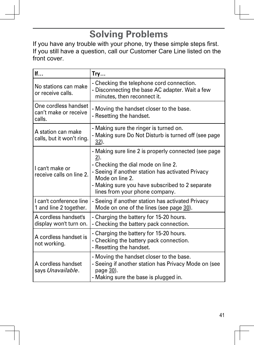 41Solving ProblemsIf you have any trouble with your phone, try these simple steps first. If you still have a question, call our Customer Care Line listed on the front cover.If… Try…No stations can make or receive calls.Checking the telephone cord connection.Disconnecting the base AC adapter. Wait a few minutes, then reconnect it.--One cordless handset can’t make or receive calls.Moving the handset closer to the base.Resetting the handset.--A station can make calls, but it won’t ring.Making sure the ringer is turned on.Making sure Do Not Disturb is turned off (see page 32).--I can&apos;t make or receive calls on line 2.Making sure line 2 is properly connected (see page 2).Checking the dial mode on line 2.Seeing if another station has activated Privacy Mode on line 2.Making sure you have subscribed to 2 separate lines from your phone company.----I can&apos;t conference line 1 and line 2 together.Seeing if another station has activated Privacy Mode on one of the lines (see page 30).-A cordless handset&apos;s display won&apos;t turn on.Charging the battery for 15-20 hours.Checking the battery pack connection.--A cordless handset is not working.Charging the battery for 15-20 hours.Checking the battery pack connection.Resetting the handset.---A cordless handset says Unavailable.Moving the handset closer to the base.Seeing if another station has Privacy Mode on (see page 30). Making sure the base is plugged in.---