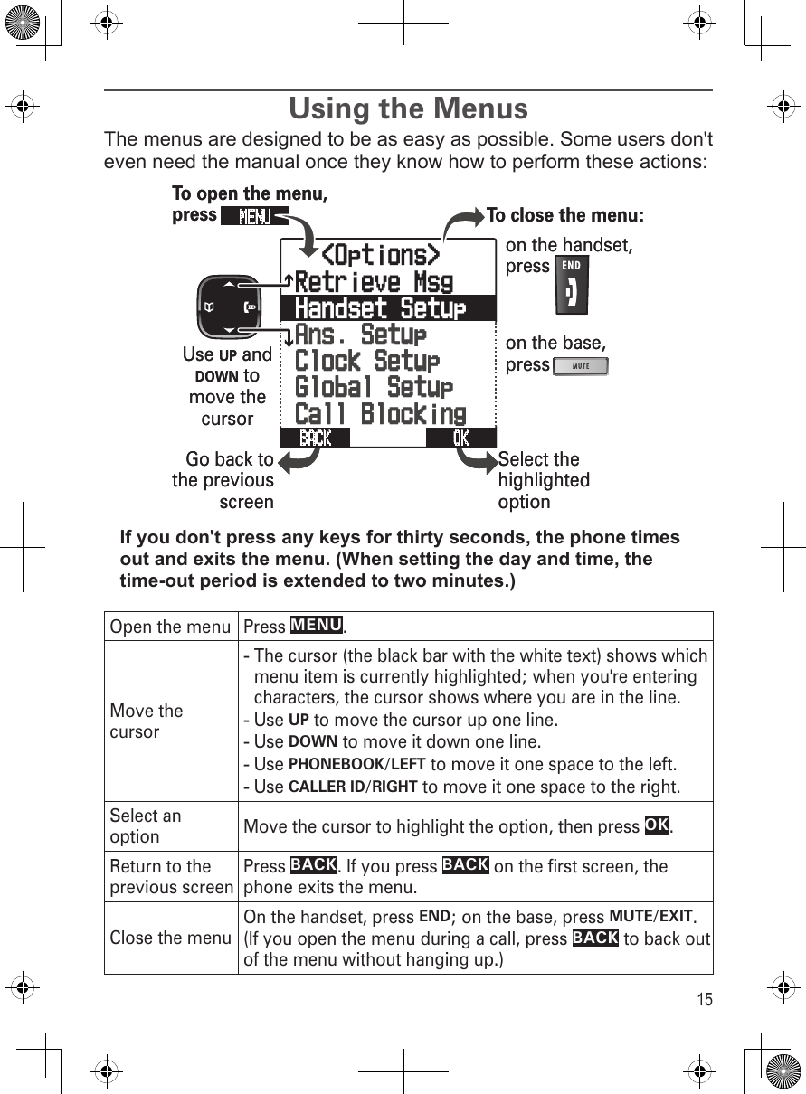 15Using the MenusThe menus are designed to be as easy as possible. Some users don&apos;t even need the manual once they know how to perform these actions: If you don&apos;t press any keys for thirty seconds, the phone times out and exits the menu. (When setting the day and time, the time-out period is extended to two minutes.)Open the menu Press MENU.Move the cursorThe cursor (the black bar with the white text) shows which menu item is currently highlighted; when you&apos;re entering characters, the cursor shows where you are in the line. Use UP to move the cursor up one line.Use DOWN to move it down one line.Use PHONEBOOK/LEFT to move it one space to the left.Use CALLER ID/RIGHT to move it one space to the right. -----Select an option Move the cursor to highlight the option, then press OK.Return to the previous screenPress BACK. If you press BACK on the first screen, the phone exits the menu.Close the menuOn the handset, press END; on the base, press MUTE/EXIT.(If you open the menu during a call, press BACK to back out of the menu without hanging up.)To open the menu, pressSelect the highlightedoptionTo close the menu:Use UP and DOWN to move the cursorMENU Go back to the previous screenon the handset, presson the base, pressOK BACK   &lt;Options&gt;Retrieve MsgHandset SetupAns. SetupClock SetupGlobal SetupCall BlockingTo open the menu, pressSelect the highlightedoptionTo close the menu:Use UP and DOWN to move the cursorMENU Go back to the previous screenon the handset, presson the base, pressOK BACK   &lt;Options&gt;Retrieve MsgHandset SetupAns. SetupClock SetupGlobal SetupCall Blocking