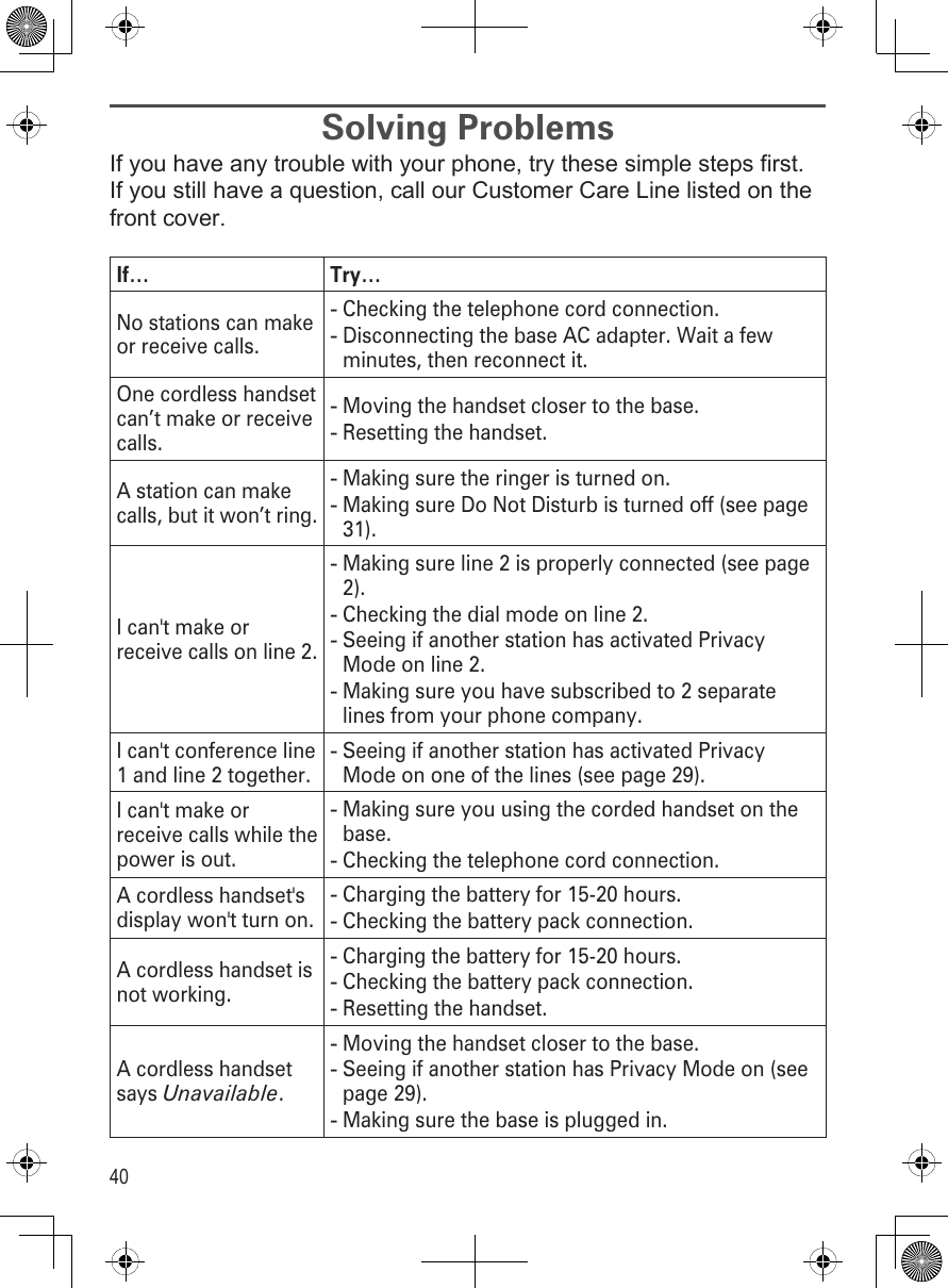 40Solving ProblemsIf you have any trouble with your phone, try these simple steps first. If you still have a question, call our Customer Care Line listed on the front cover.If… Try…No stations can make or receive calls.Checking the telephone cord connection.Disconnecting the base AC adapter. Wait a few minutes, then reconnect it.--One cordless handset can’t make or receive calls.Moving the handset closer to the base.Resetting the handset.--A station can make calls, but it won’t ring.Making sure the ringer is turned on.Making sure Do Not Disturb is turned off (see page 31).--I can&apos;t make or receive calls on line 2.Making sure line 2 is properly connected (see page 2).Checking the dial mode on line 2.Seeing if another station has activated Privacy Mode on line 2.Making sure you have subscribed to 2 separate lines from your phone company.----I can&apos;t conference line 1 and line 2 together.Seeing if another station has activated Privacy Mode on one of the lines (see page 29).-I can&apos;t make or receive calls while the power is out.Making sure you using the corded handset on the base.Checking the telephone cord connection.--A cordless handset&apos;s display won&apos;t turn on.Charging the battery for 15-20 hours.Checking the battery pack connection.--A cordless handset is not working.Charging the battery for 15-20 hours.Checking the battery pack connection.Resetting the handset.---A cordless handset says Unavailable.Moving the handset closer to the base.Seeing if another station has Privacy Mode on (see page 29). Making sure the base is plugged in.---