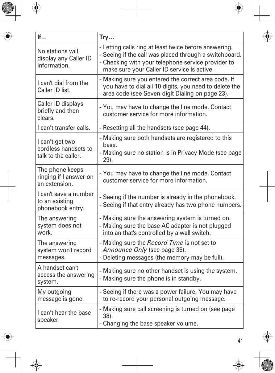 41If… Try…No stations will display any Caller ID information.Letting calls ring at least twice before answering.Seeing if the call was placed through a switchboard.Checking with your telephone service provider to make sure your Caller ID service is active.---I can&apos;t dial from the Caller ID list.Making sure you entered the correct area code. If you have to dial all 10 digits, you need to delete the area code (see Seven-digit Dialing on page 23). -Caller ID displays briefly and then clears.You may have to change the line mode. Contact customer service for more information.-I can’t transfer calls. Resetting all the handsets (see page 44). -I can’t get two cordless handsets to talk to the caller. Making sure both handsets are registered to this base.Making sure no station is in Privacy Mode (see page 29).--The phone keeps ringing if I answer on an extension.You may have to change the line mode. Contact customer service for more information.-I can&apos;t save a number to an existing phonebook entry.Seeing if the number is already in the phonebook.Seeing if that entry already has two phone numbers.--The answering system does not work.Making sure the answering system is turned on.Making sure the base AC adapter is not plugged into an that&apos;s controlled by a wall switch.--The answering system won&apos;t record messages.Making sure the Record Time is not set to Announce Only (see page 36).Deleting messages (the memory may be full).--A handset can&apos;t access the answering system.Making sure no other handset is using the system.Making sure the phone is in standby.--My outgoing message is gone.Seeing if there was a power failure. You may have to re-record your personal outgoing message.-I can’t hear the base speaker.Making sure call screening is turned on (see page 38).Changing the base speaker volume.--