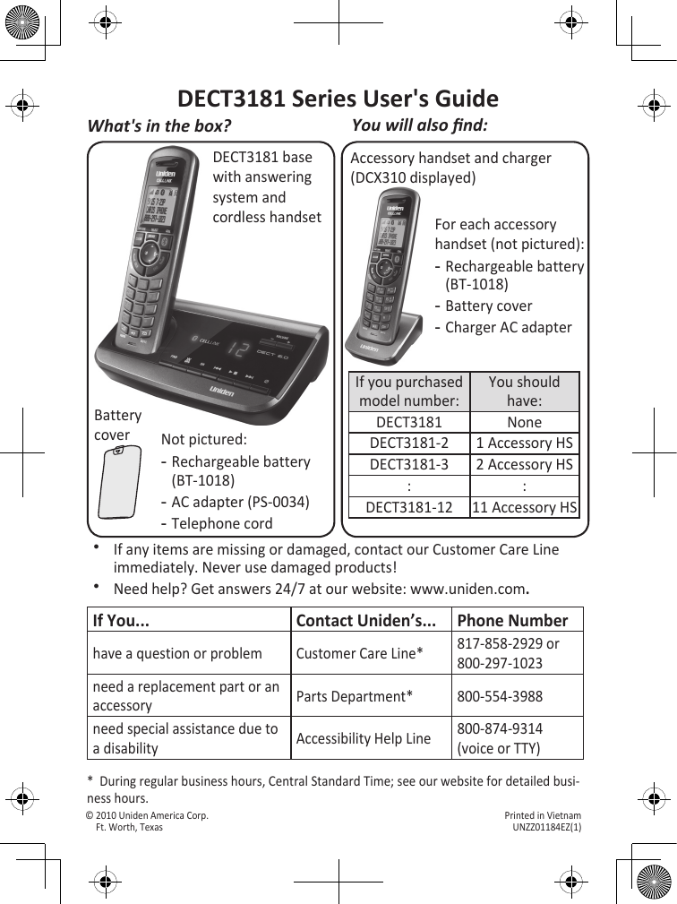 DECT3181 base with answering system and cordless handsetBattery coverAccessory handset and charger (DCX310 displayed)If you purchased model number:You should have:DECT3181 NoneDECT3181-2 1 Accessory HSDECT3181-3 2 Accessory HS: :DECT3181-12 11 Accessory HSYou will also nd:Not pictured:Rechargeable battery (BT-1018)AC adapter (PS-0034)Telephone cord---If any items are missing or damaged, contact our Customer Care Line immediately. Never use damaged products!Need help? Get answers 24/7 at our website: www.uniden.com.If You... Contact Uniden’s... Phone Numberhave a question or problem Customer Care Line* 817-858-2929 or 800-297-1023need a replacement part or an accessory Parts Department* 800-554-3988need special assistance due to a disability Accessibility Help Line  800-874-9314 (voice or TTY)*  During regular business hours, Central Standard Time; see our website for detailed busi-ness hours.DECT3181 Series User&apos;s GuideWhat&apos;s in the box?For each accessory handset (not pictured):Rechargeable battery (BT-1018)Battery coverCharger AC adapter---© 2010 Uniden America Corp.  Printed in Vietnam Ft. Worth, Texas  UNZZ01184EZ(1)