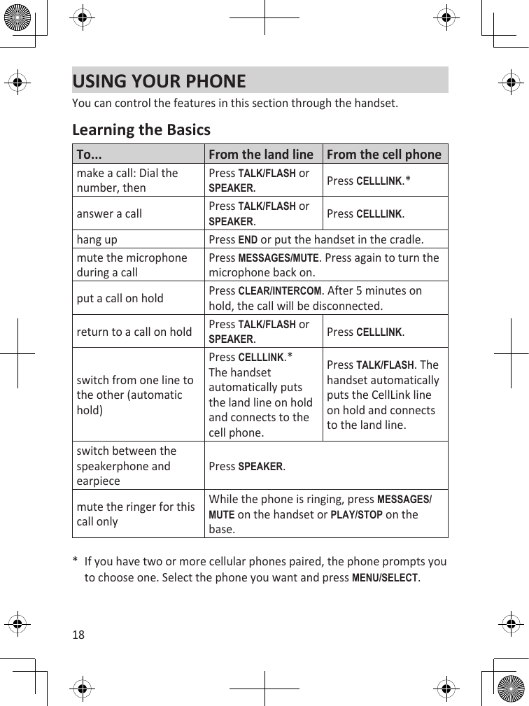 18USING YOUR PHONEYou can control the features in this section through the handset. Learning the BasicsTo... From the land line From the cell phonemake a call: Dial the number, thenPress TaLk/fLash or sPEakER.Press cELLLink.*answer a call Press TaLk/fLash or sPEakER.Press cELLLink.hang up Press End or put the handset in the cradle.mute the microphone during a callPress MEssagEs/MuTE. Press again to turn the microphone back on.put a call on hold Press cLEaR/inTERcOM. After 5 minutes on hold, the call will be disconnected.return to a call on hold Press TaLk/fLash or sPEakER.Press cELLLink.switch from one line to the other (automatic hold)Press cELLLink.* The handset automatically puts the land line on hold and connects to the cell phone.Press TaLk/fLash. The handset automatically puts the CellLink line on hold and connects to the land line.switch between the speakerphone and earpiecePress sPEakER.mute the ringer for this call onlyWhile the phone is ringing, press MEssagEs/MuTE on the handset or PLaY/sTOP on the base.*  If you have two or more cellular phones paired, the phone prompts you to choose one. Select the phone you want and press MEnu/sELEcT. 
