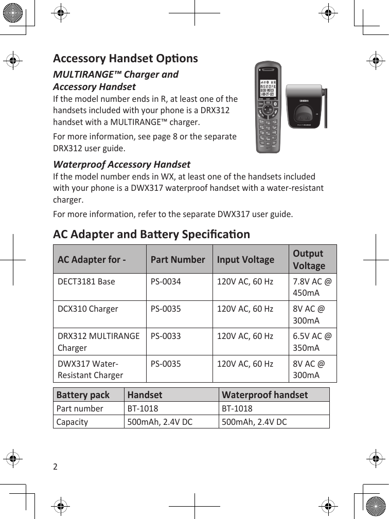 2Accessory Handset OponsMULTIRANGE™ Charger and  Accessory HandsetIf the model number ends in R, at least one of the  handsets included with your phone is a DRX312  handset with a MULTIRANGE™ charger.  For more information, see page 8 or the separate DRX312 user guide.Waterproof Accessory HandsetIf the model number ends in WX, at least one of the handsets included with your phone is a DWX317 waterproof handset with a water-resistant charger.  For more information, refer to the separate DWX317 user guide.AC Adapter and Baery SpecicaonAC Adapter for - Part Number Input Voltage Output VoltageDECT3181 Base PS-0034 120V AC, 60 Hz 7.8V AC @ 450mADCX310 Charger PS-0035 120V AC, 60 Hz 8V AC @ 300mADRX312 MULTIRANGE ChargerPS-0033 120V AC, 60 Hz 6.5V AC @ 350mADWX317 Water-Resistant ChargerPS-0035 120V AC, 60 Hz 8V AC @ 300mABattery pack Handset Waterproof handsetPart number BT-1018 BT-1018Capacity 500mAh, 2.4V DC  500mAh, 2.4V DC 