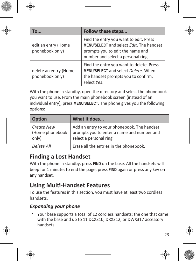 23To... Follow these steps...edit an entry (Home phonebook only)Find the entry you want to edit. Press MEnu/sELEcT and select Edit. The handset prompts you to edit the name and number and select a personal ring.delete an entry (Home phonebook only)Find the entry you want to delete. Press MEnu/sELEcT and select Delete. When the handset prompts you to confirm, select Yes.With the phone in standby, open the directory and select the phonebook you want to use. From the main phonebook screen (instead of an individual entry), press MEnu/sELEcT. The phone gives you the following options:Option What it does...Create New (Home phonebook only)Add an entry to your phonebook. The handset prompts you to enter a name and number and select a personal ring.Delete AllErase all the entries in the phonebook. Finding a Lost HandsetWith the phone in standby, press find on the base. All the handsets will beep for 1 minute; to end the page, press find again or press any key on any handset.Using Mul-Handset FeaturesTo use the features in this section, you must have at least two cordless handsets.Expanding your phoneYour base supports a total of 12 cordless handsets: the one that came with the base and up to 11 DCX310, DRX312, or DWX317 accessory handsets.