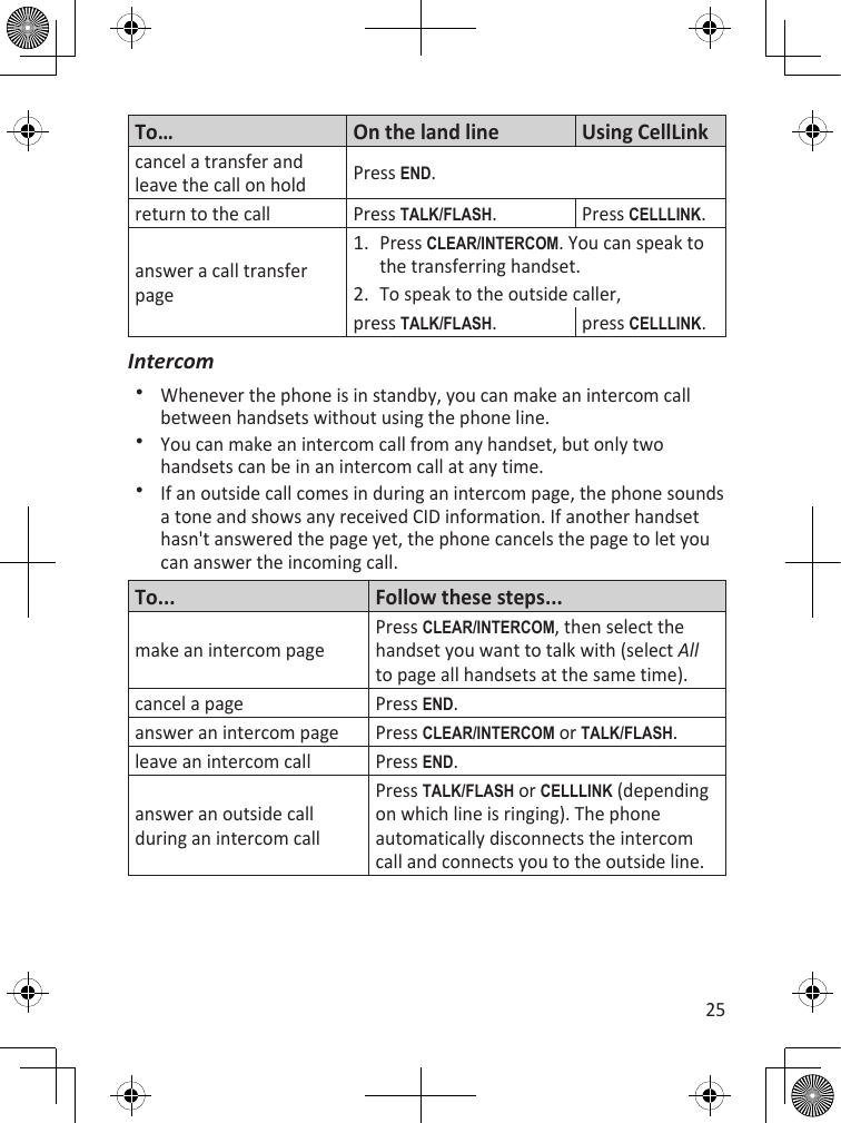 25To… On the land line Using CellLink cancel a transfer and leave the call on hold Press End.return to the call Press TaLk/fLash. Press cELLLink.answer a call transfer pagePress cLEaR/inTERcOM. You can speak to the transferring handset.To speak to the outside caller, 1.2.press TaLk/fLash. press cELLLink.IntercomWhenever the phone is in standby, you can make an intercom call between handsets without using the phone line.You can make an intercom call from any handset, but only two handsets can be in an intercom call at any time.If an outside call comes in during an intercom page, the phone sounds a tone and shows any received CID information. If another handset hasn&apos;t answered the page yet, the phone cancels the page to let you can answer the incoming call.To... Follow these steps...make an intercom pagePress cLEaR/inTERcOM, then select the handset you want to talk with (select All to page all handsets at the same time).cancel a page Press End.answer an intercom page Press cLEaR/inTERcOM or TaLk/fLash.leave an intercom call Press End.answer an outside call during an intercom callPress TaLk/fLash or cELLLink (depending on which line is ringing). The phone automatically disconnects the intercom call and connects you to the outside line.