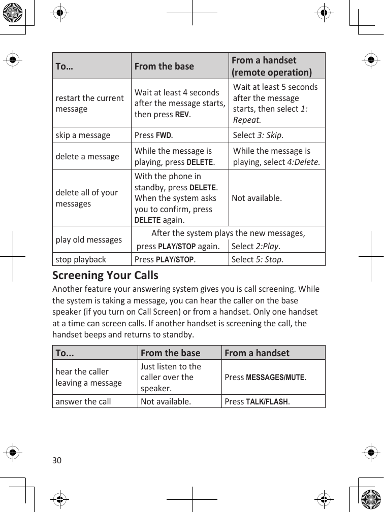 30To… From the base From a handset (remote operation)restart the current messageWait at least 4 seconds after the message starts, then press REV.Wait at least 5 seconds after the message starts, then select 1:Repeat.skip a message Press fWd.Select 3: Skip.delete a message While the message is playing, press dELETE.While the message is playing, select 4:Delete.delete all of your messagesWith the phone in standby, press dELETE. When the system asks you to confirm, press dELETE again.Not available.play old messages After the system plays the new messages, press PLaY/sTOP again. Select 2:Play.stop playback Press PLaY/sTOP. Select 5: Stop.Screening Your CallsAnother feature your answering system gives you is call screening. While the system is taking a message, you can hear the caller on the base speaker (if you turn on Call Screen) or from a handset. Only one handset at a time can screen calls. If another handset is screening the call, the handset beeps and returns to standby.To... From the base From a handsethear the caller leaving a messageJust listen to the caller over the speaker.Press MEssagEs/MuTE.answer the call Not available. Press TaLk/fLash.