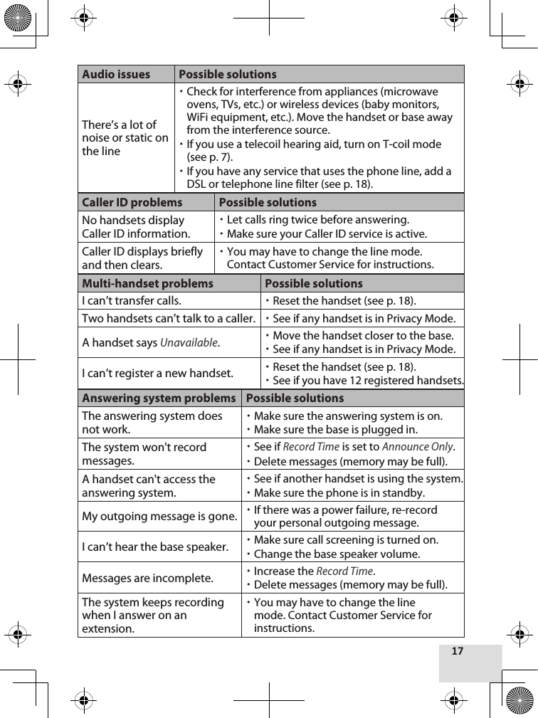 17Audio issues Possible solutionsThere’s a lot of noise or static on the line Check for interference from appliances (microwave ovens, TVs, etc.) or wireless devices (baby monitors, WiFi equipment, etc.). Move the handset or base away from the interference source.If you use a telecoil hearing aid, turn on T-coil mode (see p. 7).If you have any service that uses the phone line, add a DSL or telephone line filter (see p. 18).Caller ID problems Possible solutionsNo handsets display Caller ID information.Let calls ring twice before answering.Make sure your Caller ID service is active.Caller ID displays briefly and then clears.You may have to change the line mode. Contact Customer Service for instructions.Multi-handset problems Possible solutionsI can’t transfer calls. Reset the handset (see p. 18).Two handsets can’t talk to a caller. See if any handset is in Privacy Mode.A handset says Unavailable.Move the handset closer to the base.See if any handset is in Privacy Mode.I can’t register a new handset. Reset the handset (see p. 18).See if you have 12 registered handsets.Answering system problems Possible solutionsThe answering system does not work.Make sure the answering system is on.Make sure the base is plugged in.The system won&apos;t record messages.See if Record Time is set to Announce Only.Delete messages (memory may be full).A handset can&apos;t access the answering system.See if another handset is using the system.Make sure the phone is in standby.My outgoing message is gone. If there was a power failure, re-record your personal outgoing message.I can’t hear the base speaker. Make sure call screening is turned on.Change the base speaker volume.Messages are incomplete. Increase the Record Time.Delete messages (memory may be full).The system keeps recording when I answer on an extension.You may have to change the line mode. Contact Customer Service for instructions.
