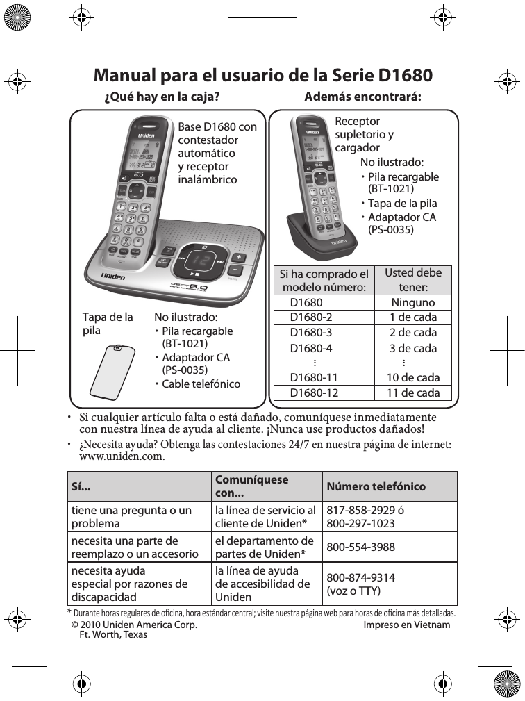 Base D1680 con contestador automático y receptor inalámbricoTapa de la pilaReceptor supletorio y cargadorSi ha comprado el modelo número:Usted debe tener:D1680 NingunoD1680-2 1 de cadaD1680-3 2 de cadaD1680-4 3 de cada......D1680-11 10 de cadaD1680-12 11 de cadaAdemás encontrará:No ilustrado: xPila recargable (BT-1021) xAdaptador CA (PS-0035) xCable telefónico xSi cualquier artículo falta o está dañado, comuníquese inmediatamente con nuestra línea de ayuda al cliente. ¡Nunca use productos dañados! x¿Necesita ayuda? Obtenga las contestaciones 24/7 en nuestra página de internet: www.uniden.com.Sí... Comuníquese con... Número telefónicotiene una pregunta o un problemala línea de servicio al cliente de Uniden*817-858-2929 ó 800-297-1023necesita una parte de reemplazo o un accesorioel departamento de partes de Uniden* 800-554-3988necesita ayuda especial por razones de discapacidadla línea de ayuda de accesibilidad de Uniden 800-874-9314(voz o TTY)* Durante horas regulares de oﬁ cina, hora estándar central; visite nuestra página web para horas de oﬁ cina más detalladas.Manual para el usuario de la Serie D1680¿Qué hay en la caja?No ilustrado: xPila recargable (BT-1021) xTapa de la pila xAdaptador CA (PS-0035)© 2010 Uniden America Corp.  Impreso en VietnamFt. Worth, Texas 