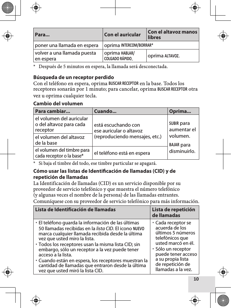 Para... Con el auricular Con el altavoz manos libresponer una llamada en espera oprima volver a una llamada puesta en esperaoprima .oprima .*  Después de 5 minutos en espera, la llamada será desconectada.Búsqueda de un receptor perdidoCon el teléfono en espera, oprima  en la base. Todos los receptores sonarán por 1 minuto; para cancelar, oprima  otra vez u oprima cualquier tecla.Cambio del volumenPara cambiar... Cuando... Oprima...el volumen del auricular o del altavoz para cada receptor está escuchando con ese auricular o altavoz (reproduciendo mensajes, etc.) para aumentar el volumen. para disminuirlo.el volumen del altavoz de la baseel volumen del timbre para cada receptor o la base*el teléfono está en espera* Si baja el timbre del todo, ese timbre particular se apagará. Cómo usar las listas de Identicación de llamadas (CID) y de repetición de llamadasLa Identificación de llamadas (CID) es un servicio disponible por su proveedor de servicio telefónico y que muestra el número telefónico (y algunas veces el nombre de la persona) de las llamadas entrantes. Comuníquese con su proveedor de servicio telefónico para más información.Lista de Identificación de llamadas Lista de repetición de llamadas xEl teléfono guarda la información de las últimas 50 llamadas recibidas en la lista CID. El icono  marca cualquier llamada recibida desde la última vez que usted miro la lista. xTodos los receptores usan la misma lista CID; sin embargo, sólo un receptor a la vez puede tener acceso a la lista. xCuando están en espera, los receptores muestran la cantidad de llamadas que entraron desde la última vez que usted miró la lista CID. xCada receptor se acuerda de los últimos 5 números telefónicos que usted marcó en él.  xSólo un receptor puede tener acceso a su propia lista de repetición de llamadas a la vez. 