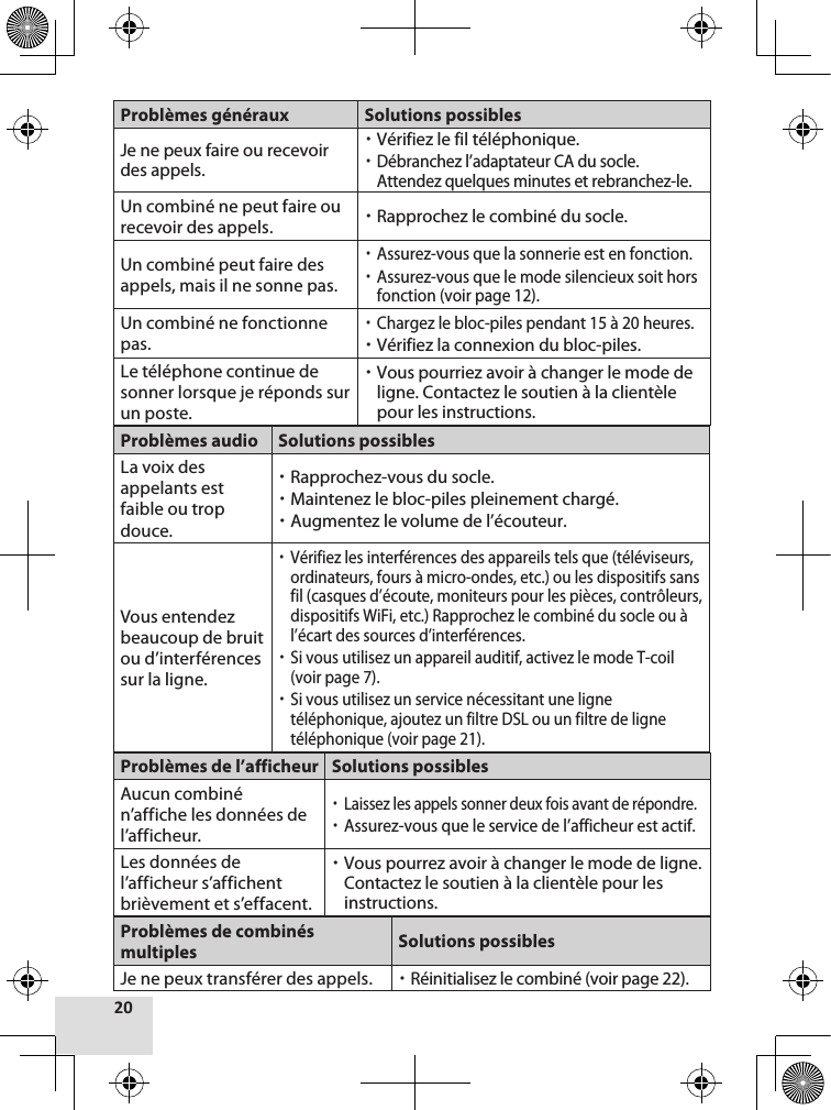 Problèmes généraux Solutions possiblesJe ne peux faire ou recevoir des appels. xVérifiez le fil téléphonique. xDébranchez l’adaptateur CA du socle. Attendez quelques minutes et rebranchez-le.Un combiné ne peut faire ou recevoir des appels.  xRapprochez le combiné du socle.Un combiné peut faire des appels, mais il ne sonne pas. xAssurez-vous que la sonnerie est en fonction. xAssurez-vous que le mode silencieux soit hors fonction (voir page 12). Un combiné ne fonctionne pas. xChargez le bloc-piles pendant 15 à 20 heures. xVérifiez la connexion du bloc-piles.Le téléphone continue de sonner lorsque je réponds sur un poste. xVous pourriez avoir à changer le mode de ligne. Contactez le soutien à la clientèle pour les instructions.Problèmes audio Solutions possiblesLa voix des appelants est faible ou trop douce. xRapprochez-vous du socle. xMaintenez le bloc-piles pleinement chargé. xAugmentez le volume de l’écouteur.Vous entendez beaucoup de bruit ou d’interférences sur la ligne. xVérifiez les interférences des appareils tels que (téléviseurs, ordinateurs, fours à micro-ondes, etc.) ou les dispositifs sans fil (casques d’écoute, moniteurs pour les pièces, contrôleurs, dispositifs WiFi, etc.) Rapprochez le combiné du socle ou à l’écart des sources d’interférences. xSi vous utilisez un appareil auditif, activez le mode T-coil (voir page 7). xSi vous utilisez un service nécessitant une ligne téléphonique, ajoutez un filtre DSL ou un filtre de ligne téléphonique (voir page 21).Problèmes de l’afficheur Solutions possiblesAucun combiné n’affiche les données de l’afficheur. xLaissez les appels sonner deux fois avant de répondre. xAssurez-vous que le service de l’afficheur est actif.Les données de l’afficheur s’affichent brièvement et s’effacent. xVous pourrez avoir à changer le mode de ligne. Contactez le soutien à la clientèle pour les instructions.Problèmes de combinés multiples Solutions possiblesJe ne peux transférer des appels. xRéinitialisez le combiné (voir page 22).