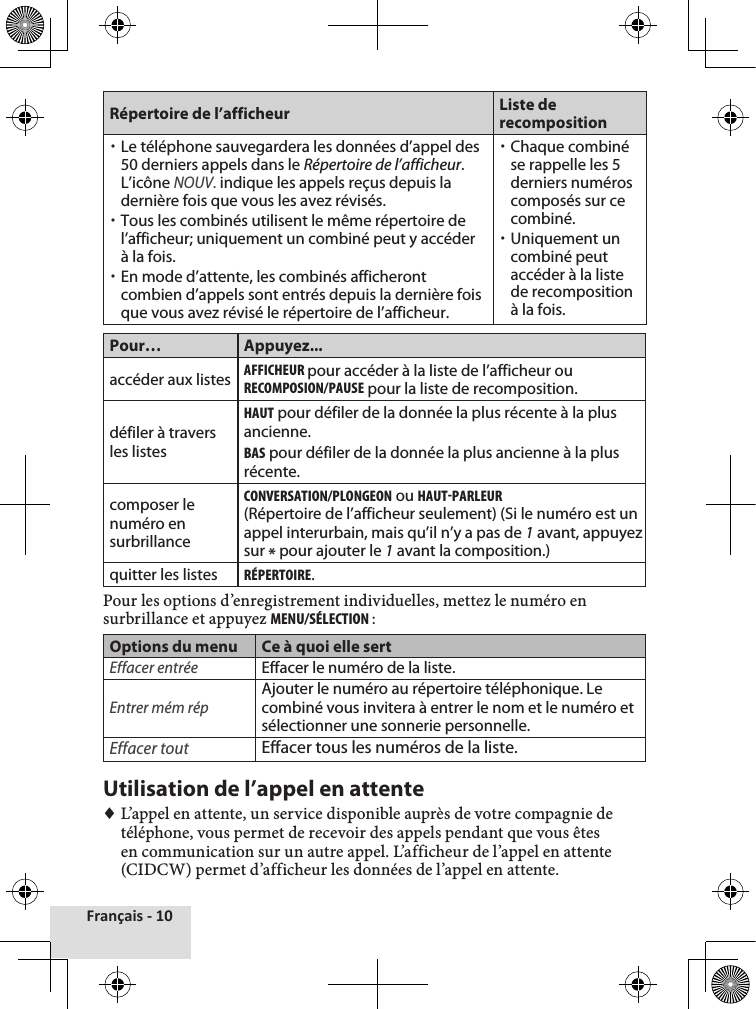 Français - 10Répertoire de l’afficheur Liste de recomposition xLe téléphone sauvegardera les données d’appel des 50 derniers appels dans le Répertoire de l’afficheur. L’icône NOUV. indique les appels reçus depuis la dernière fois que vous les avez révisés. xTous les combinés utilisent le même répertoire de l’afficheur; uniquement un combiné peut y accéder à la fois. xEn mode d’attente, les combinés afficheront combien d’appels sont entrés depuis la dernière fois que vous avez révisé le répertoire de l’afficheur. xChaque combiné se rappelle les 5 derniers numéros composés sur ce combiné.  xUniquement un combiné peut accéder à la liste de recomposition à la fois. Pour… Appuyez...accéder aux listesaFFIchEuR pour accéder à la liste de l’afficheur ou REcOMPOsIOn/PausE pour la liste de recomposition.défiler à travers les listeshauT pour défiler de la donnée la plus récente à la plus ancienne.bas pour défiler de la donnée la plus ancienne à la plus récente.composer le numéro en surbrillancecOnvERsaTIOn/PlOngEOn ou hauT-PaRlEuR(Répertoire de l’afficheur seulement) (Si le numéro est un appel interurbain, mais qu’il n’y a pas de 1 avant, appuyez sur * pour ajouter le 1 avant la composition.)quitter les listesRÉPERTOIRE.Pour les options d’enregistrement individuelles, mettez le numéro en surbrillance et appuyez MEnu/sÉlEcTIOn : Options du menu Ce à quoi elle sertEffacer entréeEffacer le numéro de la liste.Entrer mém répAjouter le numéro au répertoire téléphonique. Le combiné vous invitera à entrer le nom et le numéro et sélectionner une sonnerie personnelle.Effacer toutEffacer tous les numéros de la liste.Utilisation de l’appel en attente ♦L’appel en attente, un service disponible auprès de votre compagnie de téléphone, vous permet de recevoir des appels pendant que vous êtes en communication sur un autre appel. L’afficheur de l’appel en attente (CIDCW) permet d’afficheur les données de l’appel en attente.