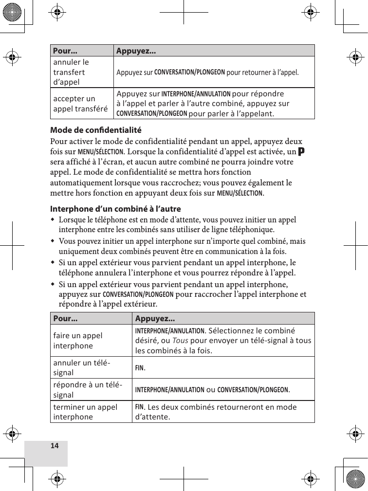Pour... Appuyez...annuler le transfert d’appelAppuyez sur  pour retourner à l’appel. accepter un appel transféréAppuyez surpour répondre à l’appel et parler à l’autre combiné, appuyez sur pour parler à l’appelant.Mode de condentialitéPour activer le mode de confidentialité pendant un appel, appuyez deux fois sur . Lorsque la confidentialité d’appel est activée, un   sera affiché à l’écran, et aucun autre combiné ne pourra joindre votre appel. Le mode de confidentialité se mettra hors fonction automatiquement lorsque vous raccrochez; vous pouvez également le mettre hors fonction en appuyant deux fois sur . Interphone d’un combiné à l’autre Lorsque le téléphone est en mode d’attente, vous pouvez initier un appel interphone entre les combinés sans utiliser de ligne téléphonique. Vous pouvez initier un appel interphone sur n’importe quel combiné, mais uniquement deux combinés peuvent être en communication à la fois. Si un appel extérieur vous parvient pendant un appel interphone, le téléphone annulera l’interphone et vous pourrez répondre à l’appel. Si un appel extérieur vous parvient pendant un appel interphone, appuyez sur  pour raccrocher l’appel interphone et répondre à l’appel extérieur. Pour... Appuyez...faire un appel interphone. Sélectionnez le combiné désiré, ou Tous pour envoyer un télé-signal à tous les combinés à la fois.annuler un télé-signal.répondre à un télé-signal ou .terminer un appel interphone. Les deux combinés retourneront en mode d’attente.