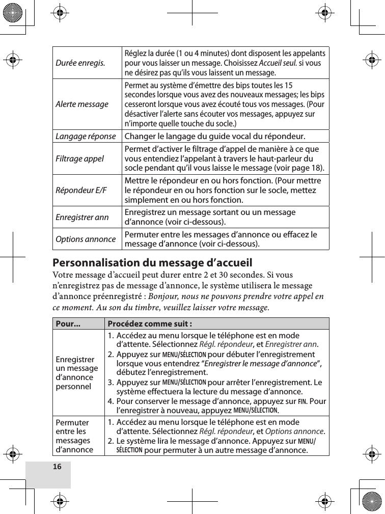 Durée enregis.Réglez la durée (1 ou 4 minutes) dont disposent les appelants pour vous laisser un message. Choisissez Accueil seul. si vous ne désirez pas qu’ils vous laissent un message.Alerte messagePermet au système d’émettre des bips toutes les 15 secondes lorsque vous avez des nouveaux messages; les bips cesseront lorsque vous avez écouté tous vos messages. (Pour désactiver l’alerte sans écouter vos messages, appuyez sur n’importe quelle touche du socle.)Langage réponse Changer le langage du guide vocal du répondeur.Filtrage appelPermet d’activer le filtrage d’appel de manière à ce que vous entendiez l’appelant à travers le haut-parleur du socle pendant qu’il vous laisse le message (voir page 18).Répondeur E/FMettre le répondeur en ou hors fonction. (Pour mettre le répondeur en ou hors fonction sur le socle, mettez  simplement en ou hors fonction.Enregistrer ann Enregistrez un message sortant ou un message d’annonce (voir ci-dessous).Options annonce Permuter entre les messages d’annonce ou effacez le message d’annonce (voir ci-dessous).Personnalisation du message d’accueilVotre message d’accueil peut durer entre 2 et 30 secondes. Si vous n’enregistrez pas de message d’annonce, le système utilisera le message d’annonce préenregistré : Bonjour, nous ne pouvons prendre votre appel en ce moment. Au son du timbre, veuillez laisser votre message.Pour... Procédez comme suit :Enregistrer un message d’annonce personnel1. Accédez au menu lorsque le téléphone est en mode d’attente. Sélectionnez Régl. répondeur, et Enregistrer ann.2. Appuyez sur pour débuter l’enregistrement lorsque vous entendrez “Enregistrer le message d’annonce”, débutez l’enregistrement.3. Appuyez sur pour arrêter l’enregistrement. Le système effectuera la lecture du message d’annonce.4. Pour conserver le message d’annonce, appuyez sur . Pour l’enregistrer à nouveau, appuyez .Permuter entre les messages d’annonce1. Accédez au menu lorsque le téléphone est en mode d’attente. Sélectionnez Régl. répondeur, et Options annonce.2. Le système lira le message d’annonce. Appuyez sur  pour permuter à un autre message d’annonce.