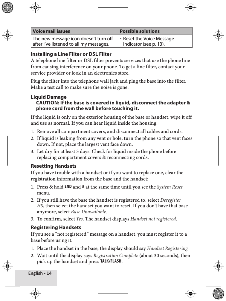 English - 14Voice mail issues Possible solutionsThe new message icon doesn’t turn off  after I’ve listened to all my messages.Reset the Voice Message Indicator (see p. 13).Installing a Line Filter or DSL FilterA telephone line filter or DSL filter prevents services that use the phone line from causing interference on your phone. To get a line filter, contact your service provider or look in an electronics store. Plug the filter into the telephone wall jack and plug the base into the filter. Make a test call to make sure the noise is gone.Liquid DamageCAUTION: If the base is covered in liquid, disconnect the adapter &amp; phone cord from the wall before touching it.If the liquid is only on the exterior housing of the base or handset, wipe it off and use as normal. If you can hear liquid inside the housing:Remove all compartment covers, and disconnect all cables and cords.If liquid is leaking from any vent or hole, turn the phone so that vent faces down. If not, place the largest vent face down.Let dry for at least 3 days. Check for liquid inside the phone before replacing compartment covers &amp; reconnecting cords.Resetting HandsetsIf you have trouble with a handset or if you want to replace one, clear the registration information from the base and the handset:Press &amp; hold End and # at the same time until you see the System Reset menu.If you still have the base the handset is registered to, select Deregister HS, then select the handset you want to reset. If you don’t have that base anymore, select Base Unavailable.To confirm, select Yes. The handset displays Handset not registered. Registering HandsetsIf you see a “not registered” message on a handset, you must register it to a base before using it.Place the handset in the base; the display should say Handset Registering.Wait until the display says Registration Complete (about 30 seconds), then pick up the handset and press Talk/Flash.1.2.3.1.2.3.1.2.