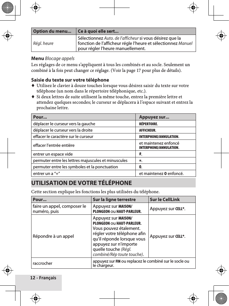 12 - FrançaisOption du menu... Ce à quoi elle sert...Régl. heureSélectionnez Auto. de l’afficheur si vous désirez que la fonction de l’afficheur régle l’heure et sélectionnez Manuel pour régler l’heure manuellement.Menu Blocage appelsLes♦réglages♦de♦ce♦menu♦s’appliquent♦à♦tous♦les♦combinés♦et♦au♦socle.♦Seulement♦un♦combiné♦à♦la♦fois♦peut♦changer♦ce♦réglage.♦(Voir♦la♦page♦17♦pour♦plus♦de♦détails).♦Saisie du texte sur votre téléphone♦♦Utilisez♦le♦clavier♦à♦douze♦touches♦lorsque♦vous♦désirez♦saisir♦du♦texte♦sur♦votre♦téléphone♦(un♦nom♦dans♦le♦répertoire♦téléphonique,♦etc.).♦♦Si♦deux♦lettres♦de♦suite♦utilisent♦la♦même♦touche,♦entrez♦la♦première♦lettre♦et♦attendez♦quelques♦secondes;♦le♦curseur♦se♦déplacera♦à♦l’espace♦suivant♦et♦entrez♦la♦prochaine♦lettre.Pour... Appuyez sur...déplacer le curseur vers la gaucheRéPERtOIRE.déplacer le curseur vers la droiteAFFIcHEuR.effacer le caractère sur le curseurINtERPHONE/ANNuLAtION.effacer l’entrée entière et maintenez enfoncé INtERPHONE/ANNuLAtION.entrer un espace vide#.permuter entre les lettres majuscules et minuscules *.permuter entre les symboles et la ponctuation0.entrer un a “+” et maintenez 0 enfoncé.UTILISATION DE VOTRE TÉLÉPHONECette♦section♦explique♦les♦fonctions♦les♦plus♦utilisées♦du♦téléphone.Pour... Sur la ligne terrestre Sur le CellLinkfaire un appel, composer le numéro, puisAppuyez sur MAISON/PLONGEON ou HAut-PARLEuR.  Appuyez sur cELL*.Répondre à un appelAppuyez sur MAISON/PLONGEON ou HAut-PARLEuR. Vous pouvez étalement. régler votre téléphone afin qu’il réponde lorsque vous appuyez sur n’importe quelle touche (Régl. combiné/Rép toute touche).Appuyez sur cELL*.raccrocher appuyez sur FIN ou replacez le combiné sur le socle ou le chargeur.