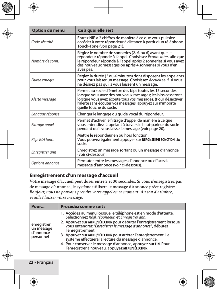 22 - FrançaisOption du menu Ce à quoi elle sertCode sécuritéEntrez NIP à 2 chiffres de manière à ce que vous puissiez accéder à votre répondeur à distance à partir d’un téléphone Touch-Tone (voir page 21).Nombre de sonn.Réglez le nombre de sonneries (2, 4, ou 6) avant que le répondeur réponde à l’appel. Choisissez Écono. inter. afin que le répondeur réponde à l’appel après 2 sonneries si vous avez des nouveaux messages ou après 4 sonneries si vous n’en avez pas.Durée enregis.Réglez la durée (1 ou 4 minutes) dont disposent les appelants pour vous laisser un message. Choisissez Accueil seul. si vous ne désirez pas qu’ils vous laissent un message.Alerte messagePermet au socle d’émettre des bips toutes les 15 secondes lorsque vous avez des nouveaux messages; les bips cesseront lorsque vous avez écouté tous vos messages. (Pour désactiver l’alerte sans écouter vos messages, appuyez sur n’importe quelle touche du socle.Langage réponseChanger le langage du guide vocal du répondeur.Filtrage appelPermet d’activer le filtrage d’appel de manière à ce que vous entendiez l’appelant à travers le haut-parleur du socle pendant qu’il vous laisse le message (voir page 20).Rép. E/H fonc.Mettre le répondeur en ou hors fonction.  Vous pouvez également appuyer sur RéPONSE E/H FONctION du socle.Enregistrer annEnregistrez un message sortant ou un message d’annonce (voir ci-dessous).Options annoncePermuter entre les messages d’annonce ou effacez le message d’annonce (voir ci-dessous).Enregistrement d’un message d’accueilVotre♦message♦d’accueil♦peut♦durer♦entre♦2♦et♦30♦secondes.♦Si♦vous♦n’enregistrez♦pas♦de♦message♦d’annonce,♦le♦système♦utilisera♦le♦message♦d’annonce♦préenregistré:♦Bonjour, nous ne pouvons prendre votre appel en ce moment. Au son du timbre, veuillez laisser votre message.Pour... Procédez comme suit :enregistrer un message d’annonce personnel1.  Accédez au menu lorsque le téléphone est en mode d’attente. Sélectionnez Régl. répondeur, et Enregistrer ann.2.  Appuyez sur MENu/SéLEctION pour débuter l’enregistrement lorsque vous entendrez “Enregistrer le message d’annonce”, débutez l’enregistrement.3.  Appuyez sur MENu/SéLEctION pour arrêter l’enregistrement. Le système effectuera la lecture du message d’annonce.4.  Pour conserver le message d’annonce, appuyez sur FIN. Pour l’enregistrer à nouveau, appuyez MENu/SéLEctION.