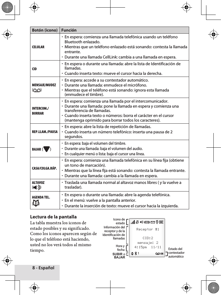 8 - EspañolBotón (icono) FunciónCELULAR xEn espera: comienza una llamada telefónica usando un teléfono Bluetooth enlazado. xMientras que un teléfono enlazado está sonando: contesta la llamada entrante. xDurante una llamada CellLink: cambia a una llamada en espera.CID  xEn espera o durante una llamada: abre la lista de Identificación de llamadas. xCuando inserta texto: mueve el cursor hacia la derecha.MENSAJE/MUDEZ ( ) xEn espera: accede a su contestador automático. xDurante una llamada: enmudece el micrófono. xMientras que el teléfono está sonando: ignora esta llamada (enmudece el timbre).INTERCOM./BORRAR xEn espera: comienza una llamada por el intercomunicador. xDurante una llamada: pone la llamada en espera y comienza una transferencia de llamadas. xCuando inserta texto o números: borra el carácter en el cursor (mantenga oprimido para borrar todos los caracteres).REP.LLAM./PAUSA  xEn espera: abre la lista de repetición de llamadas. xCuando inserta un número telefónico: inserta una pausa de 2 segundos.BAJAR ( ) xEn espera: baja el volumen del timbre. xDurante una llamada: baja el volumen del audio. xEn cualquier menú o lista: baja el cursor una línea.CASA/COLGA.RÁP. xEn espera: comienza una llamada telefónica en su línea fija (obtiene un tono de marcación). xMientras que la línea fija está sonando: contesta la llamada entrante. xDurante una llamada: cambia a la llamada en espera.ALTAVOZ ( ) xTraslada una llamada normal al altavoz manos libres ( y la vuelve a trasladar).AGENDA TEL. ( ) xEn espera o durante una llamada: abre la agenda telefónica. xEn el menú: vuelve a la pantalla anterior. xDurante la inserción de texto: mueve el cursor hacia la izquierda.Lectura de la pantalla La♦tabla♦muestra♦los♦iconos♦deestado♦posibles♦y♦su♦significado.♦Como♦los♦iconos♦aparecen♦según♦de♦lo♦que♦el♦teléfono♦está♦haciendo,♦usted♦no♦los♦verá♦todos♦al♦mismo♦tiempo.Icono de estadoInformación del receptor y de la Identicación de llamadasEstado del contestador automáticoReceptor #1CID:2mensaje: 24:15pm  11/11Hora y fechaSUBIR o BAJAR1