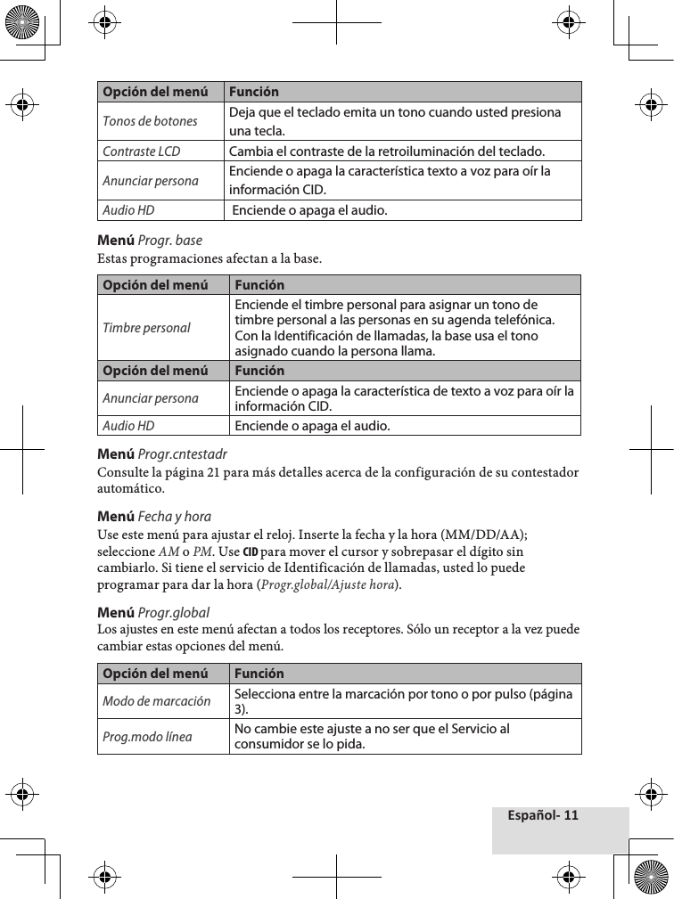 Español- 11Opción del menú FunciónTonos de botonesDeja que el teclado emita un tono cuando usted presiona una tecla.Contraste LCDCambia el contraste de la retroiluminación del teclado.Anunciar personaEnciende o apaga la característica texto a voz para oír la información CID.Audio HD Enciende o apaga el audio.Menú Progr. baseEstas♦programaciones♦afectan♦a♦la♦base.Opción del menú FunciónTimbre personalEnciende el timbre personal para asignar un tono de timbre personal a las personas en su agenda telefónica. Con la Identificación de llamadas, la base usa el tono asignado cuando la persona llama.Opción del menú FunciónAnunciar personaEnciende o apaga la característica de texto a voz para oír la información CID.Audio HDEnciende o apaga el audio.Menú Progr.cntestadrConsulte♦la♦página♦21♦para♦más♦detalles♦acerca♦de♦la♦configuración♦de♦su♦contestador♦automático.Menú Fecha y horaUse♦este♦menú♦para♦ajustar♦el♦reloj.♦Inserte♦la♦fecha♦y♦la♦hora♦(MM/DD/AA);♦seleccione♦AM♦o♦PM.♦Use♦CID para♦mover♦el♦cursor♦y♦sobrepasar♦el♦dígito♦sin♦cambiarlo.♦Si♦tiene♦el♦servicio♦de♦Identificación♦de♦llamadas,♦usted♦lo♦puede♦programar♦para♦dar♦la♦hora♦(Progr.global/Ajuste hora).Menú Progr.globalLos♦ajustes♦en♦este♦menú♦afectan♦a♦todos♦los♦receptores.♦Sólo♦un♦receptor♦a♦la♦vez♦puede♦cambiar♦estas♦opciones♦del♦menú.Opción del menú FunciónModo de marcaciónSelecciona entre la marcación por tono o por pulso (página 3).Prog.modo líneaNo cambie este ajuste a no ser que el Servicio al consumidor se lo pida.