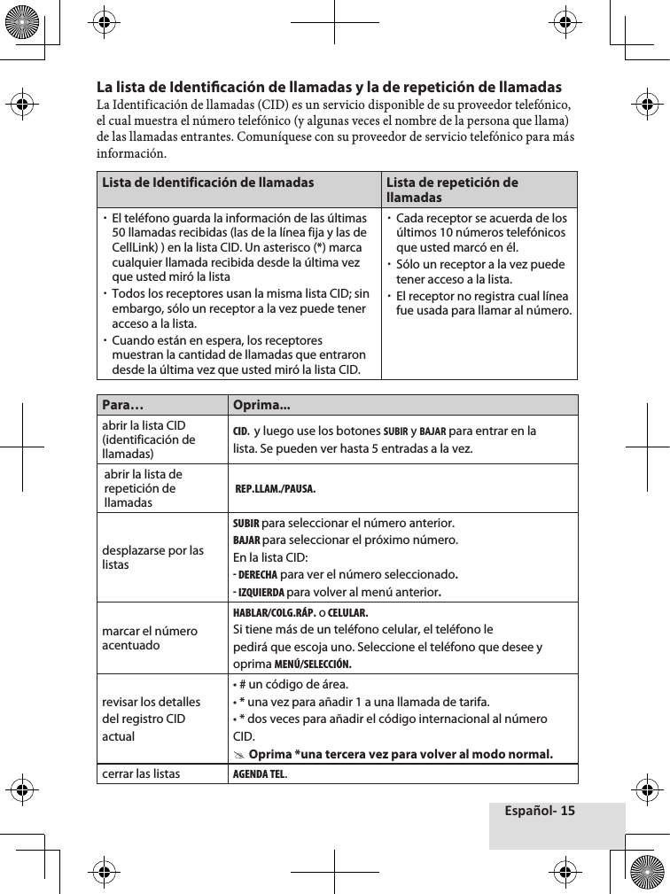 Español- 15La lista de Identicación de llamadas y la de repetición de llamadasLa♦Identificación♦de♦llamadas♦(CID)♦es♦un♦servicio♦disponible♦de♦su♦proveedor♦telefónico,♦el♦cual♦muestra♦el♦número♦telefónico♦(y♦algunas♦veces♦el♦nombre♦de♦la♦persona♦que♦llama)♦de♦las♦llamadas♦entrantes.♦Comuníquese♦con♦su♦proveedor♦de♦servicio♦telefónico♦para♦más♦información.Lista de Identificación de llamadas Lista de repetición de llamadas xEl teléfono guarda la información de las últimas 50 llamadas recibidas (las de la línea fija y las de CellLink) ) en la lista CID. Un asterisco (*) marca cualquier llamada recibida desde la última vez que usted miró la lista xTodos los receptores usan la misma lista CID; sin embargo, sólo un receptor a la vez puede tener acceso a la lista. xCuando están en espera, los receptores muestran la cantidad de llamadas que entraron desde la última vez que usted miró la lista CID. xCada receptor se acuerda de los últimos 10 números telefónicos que usted marcó en él. xSólo un receptor a la vez puede tener acceso a la lista. xEl receptor no registra cual línea fue usada para llamar al número.Para… Oprima...abrir la lista CID (identificación de llamadas)CID.  y luego use los botones SUBIR y BAJAR para entrar en lalista. Se pueden ver hasta 5 entradas a la vez.abrir la lista de repetición de llamadasREP.LLAM./PAUSA.desplazarse por las listasSUBIR para seleccionar el número anterior.BAJAR para seleccionar el próximo número.En la lista CID:- DERECHA para ver el número seleccionado.- IZQUIERDA para volver al menú anterior.marcar el número acentuadoHABLAR/COLG.RÁP. o CELULAR.Si tiene más de un teléfono celular, el teléfono lepedirá que escoja uno. Seleccione el teléfono que desee yoprima MENÚ/SELECCIÓN. revisar los detallesdel registro CIDactual• # un código de área. • * una vez para añadir 1 a una llamada de tarifa.• * dos veces para añadir el código internacional al númeroCID. #Oprima *una tercera vez para volver al modo normal.cerrar las listasAGENDA TEL.