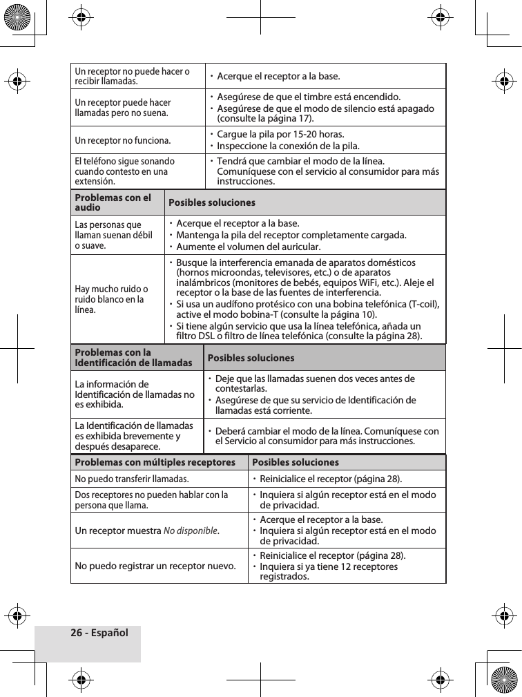 26 - EspañolUn receptor no puede hacer o recibir llamadas. xAcerque el receptor a la base. Un receptor puede hacer llamadas pero no suena. xAsegúrese de que el timbre está encendido. xAsegúrese de que el modo de silencio está apagado (consulte la página 17).Un receptor no funciona. xCargue la pila por 15-20 horas. xInspeccione la conexión de la pila.El teléfono sigue sonando cuando contesto en una extensión. xTendrá que cambiar el modo de la línea. Comuníquese con el servicio al consumidor para más instrucciones.Problemas con el audio Posibles solucionesLas personas que llaman suenan débil o suave. xAcerque el receptor a la base. xMantenga la pila del receptor completamente cargada. xAumente el volumen del auricular.Hay mucho ruido o ruido blanco en la línea. xBusque la interferencia emanada de aparatos domésticos (hornos microondas, televisores, etc.) o de aparatos inalámbricos (monitores de bebés, equipos WiFi, etc.). Aleje el receptor o la base de las fuentes de interferencia. xSi usa un audífono protésico con una bobina telefónica (T-coil), active el modo bobina-T (consulte la página 10). xSi tiene algún servicio que usa la línea telefónica, añada un filtro DSL o filtro de línea telefónica (consulte la página 28).Problemas con la Identificación de llamadas Posibles solucionesLa información de Identificación de llamadas no es exhibida. xDeje que las llamadas suenen dos veces antes de contestarlas. xAsegúrese de que su servicio de Identificación de llamadas está corriente.La Identificación de llamadas es exhibida brevemente y después desaparece. xDeberá cambiar el modo de la línea. Comuníquese con el Servicio al consumidor para más instrucciones.Problemas con múltiples receptores Posibles solucionesNo puedo transferir llamadas. xReinicialice el receptor (página 28).Dos receptores no pueden hablar con la persona que llama. xInquiera si algún receptor está en el modo de privacidad.Un receptor muestra No disponible. xAcerque el receptor a la base. xInquiera si algún receptor está en el modo de privacidad.No puedo registrar un receptor nuevo.  xReinicialice el receptor (página 28). xInquiera si ya tiene 12 receptores registrados.