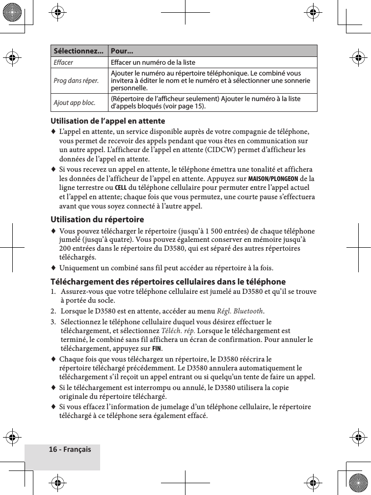 16 - FrançaisSélectionnez... Pour...EffacerEffacer un numéro de la listeProg dans réper.Ajouter le numéro au répertoire téléphonique. Le combiné vous invitera à éditer le nom et le numéro et à sélectionner une sonnerie personnelle.Ajout app bloc.(Répertoire de l’afficheur seulement) Ajouter le numéro à la liste d’appels bloqués (voir page 15).Utilisation de l’appel en attente♦♦L’appel♦en♦attente,♦un♦service♦disponible♦auprès♦de♦votre♦compagnie♦de♦téléphone,♦vous♦permet♦de♦recevoir♦des♦appels♦pendant♦que♦vous♦êtes♦en♦communication♦sur♦un♦autre♦appel.♦L’afficheur♦de♦l’appel♦en♦attente♦(CIDCW)♦permet♦d’afficheur♦les♦données♦de♦l’appel♦en♦attente.♦♦Si♦vous♦recevez♦un♦appel♦en♦attente,♦le♦téléphone♦émettra♦une♦tonalité♦et♦affichera♦les♦données♦de♦l’afficheur♦de♦l’appel♦en♦attente.♦Appuyez♦sur♦MAISON/PLONGEON♦de♦la♦ligne♦terrestre♦ou♦cELL♦du♦téléphone♦cellulaire♦pour♦permuter♦entre♦l’appel♦actuel♦et♦l’appel♦en♦attente;♦chaque♦fois♦que♦vous♦permutez,♦une♦courte♦pause♦s’effectuera♦avant♦que♦vous♦soyez♦connecté♦à♦l’autre♦appel.Utilisation du répertoire♦♦Vous♦pouvez♦télécharger♦le♦répertoire♦(jusqu’à♦1♦500♦entrées)♦de♦chaque♦téléphone♦jumelé♦(jusqu’à♦quatre).♦Vous♦pouvez♦également♦conserver♦en♦mémoire♦jusqu’à♦200♦entrées♦dans♦le♦répertoire♦du♦D3580,♦qui♦est♦séparé♦des♦autres♦répertoires♦téléchargés.♦♦♦Uniquement♦un♦combiné♦sans♦fil♦peut♦accéder♦au♦répertoire♦à♦la♦fois.Téléchargement des répertoires cellulaires dans le téléphone1.♦ Assurez-vous♦que♦votre♦téléphone♦cellulaire♦est♦jumelé♦au♦D3580♦et♦qu’il♦se♦trouve♦à♦portée♦du♦socle.♦2.♦ Lorsque♦le♦D3580♦est♦en♦attente,♦accéder♦au♦menu♦Régl. Bluetooth.♦3.♦ Sélectionnez♦le♦téléphone♦cellulaire♦duquel♦vous♦désirez♦effectuer♦le♦téléchargement,♦et♦sélectionnez♦Téléch. rép.♦Lorsque♦le♦téléchargement♦est♦terminé,♦le♦combiné♦sans♦fil♦affichera♦un♦écran♦de♦confirmation.♦Pour♦annuler♦le♦téléchargement,♦appuyez♦sur♦FIN.♦♦Chaque♦fois♦que♦vous♦téléchargez♦un♦répertoire,♦le♦D3580♦réécrira♦le♦répertoire♦téléchargé♦précédemment.♦Le♦D3580♦annulera♦automatiquement♦le♦téléchargement♦s’il♦reçoit♦un♦appel♦entrant♦ou♦si♦quelqu’un♦tente♦de♦faire♦un♦appel.♦♦Si♦le♦téléchargement♦est♦interrompu♦ou♦annulé,♦le♦D3580♦utilisera♦la♦copie♦originale♦du♦répertoire♦téléchargé.♦♦♦Si♦vous♦effacez♦l’information♦de♦jumelage♦d’un♦téléphone♦cellulaire,♦le♦répertoire♦téléchargé♦à♦ce♦téléphone♦sera♦également♦effacé.