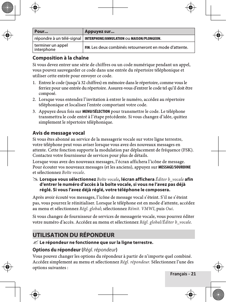 Français - 21Pour... Appuyez sur...répondre à un télé-signalINtERPHONE/ANNuLAtION ou MAISON/PLONGEON.terminer un appel interphoneFIN. Les deux combinés retourneront en mode d’attente.Composition à la chaîneSi♦vous♦devez♦entrer♦une♦série♦de♦chiffres♦ou♦un♦code♦numérique♦pendant♦un♦appel,♦vous♦pouvez♦sauvegarder♦ce♦code♦dans♦une♦entrée♦du♦répertoire♦téléphonique♦et♦utiliser♦cette♦entrée♦pour♦envoyer♦ce♦code.1.♦ Entrez♦le♦code♦(jusqu’à♦32♦chiffres)♦en♦mémoire♦dans♦le♦répertoire,♦comme♦vous♦le♦ferriez♦pour♦une♦entrée♦du♦répertoire.♦Assurez-vous♦d’entrer♦le♦code♦tel♦qu’il♦doit♦être♦composé.♦2.♦ Lorsque♦vous♦entendez♦l’invitation♦à♦entrer♦le♦numéro,♦accédez♦au♦répertoire♦téléphonique♦et♦localisez♦l’entrée♦comportant♦votre♦code.3.♦ Appuyez♦deux♦fois♦sur♦MENu/SéLEctION♦pour♦transmettre♦le♦code.♦Le♦téléphone♦transmettra♦le♦code♦entré♦à♦l’étape♦précédente.♦Si♦vous♦changez♦d’idée,♦quittez♦simplement♦le♦répertoire♦téléphonique.Avis de message vocalSi♦vous♦êtes♦abonné♦au♦service♦de♦la♦messagerie♦vocale♦sur♦votre♦ligne♦terrestre,♦votre♦téléphone♦peut♦vous♦aviser♦lorsque♦vous♦avez♦des♦nouveaux♦messages♦en♦attente.♦Cette♦fonction♦supporte♦la♦modulation♦par♦déplacement♦de♦fréquence♦(FSK).♦Contactez♦votre♦fournisseur♦de♦services♦pour♦plus♦de♦détails.Lorsque♦vous♦avez♦des♦nouveaux♦messages,♦l’écran♦affichera♦l’icône♦de♦message.♦Pour♦écouter♦vos♦nouveaux♦messages♦(et♦les♦anciens),♦appuyez♦sur♦MESSAGE/SOuRDINE♦et♦sélectionnez♦Boîte vocale. #Lorsque vous sélectionnez Boîte vocale, lécran affichera Éditer b_vocale afin d’entrer le numéro d’accès à la boîte vocale, si vous ne l’avez pas déjà réglé. Si vous l’avez déjà réglé, votre téléphone le composera.Après♦avoir♦écouté♦vos♦messages,♦l’icône♦de♦message♦vocal♦s’éteint.♦S’il♦ne♦s’éteint♦pas,♦vous♦pourrez♦le♦réinitialiser.♦Lorsque♦le♦téléphone♦est♦en♦mode♦d’attente,♦accédez♦au♦menu♦et♦sélectionnez♦Régl. global;♦sélectionnez♦Réinit. VMWI,♦puis♦Oui.Si♦vous♦changez♦de♦fournisseur♦de♦services♦de♦messagerie♦vocale,♦vous♦pourrez♦éditer♦votre♦numéro♦d’accès.♦Accédez♦au♦menu♦et♦sélectionnez♦Régl. global/Éditer b_vocale.UTILISATION DU RÉPONDEUR  &quot;Le répondeur ne fonctionne que sur la ligne terrestre.Options du répondeur (Régl. répondeur)Vous♦pouvez♦changer♦les♦options♦du♦répondeur♦à♦partir♦de♦n’importe♦quel♦combiné.♦Accédez♦simplement♦au♦menu♦et♦sélectionnez♦Régl. répondeur.♦Sélectionnez♦l’une♦des♦options♦suivantes♦: