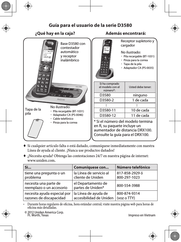 Base D3580 con contestador automático y receptor inalámbricoTapa de la pilaReceptor supletorio y cargadorSi ha comprado el modelo con el número*:Usted debe tener:D3580 ningunoD3580-2 1 de cada......D3580-11 10 de cadaD3580-12 11 de cada* Si el número del modelo termina en R, su paquete incluye un aumentador de distancia DRX100. Consulte la guía para el DRX100.Además encontrará:No ilustrado: xPila recargable (BT-1031) xAdaptador CA (PS-0046) xCable telefónico xPinza para la correa♦♦Si♦cualquier♦artículo♦falta♦o♦está♦dañado,♦comuníquese♦inmediatamente♦con♦nuestra♦Línea♦de♦ayuda♦al♦cliente.♦¡Nunca♦use♦productos♦dañados!♦♦¿Necesita♦ayuda?♦Obtenga♦las♦contestaciones♦24/7♦en♦nuestra♦página♦de♦internet:♦www.uniden.com. Si... Comuníquese con... Número telefónicotiene una pregunta o un problemala Línea de servicio al cliente de Uniden817-858-2929 ó 800-297-1023necesita una parte de reemplazo o un accesorioel Departamento de partes de Uniden* 800-554-3988necesita ayuda especial por razones de discapacidadla Línea de ayuda de accesibilidad de Uniden800-874-9314 (voz o TTY)*♦Durante♦horas♦regulares♦de♦ocina,♦hora♦estándar♦central;♦visite♦nuestra♦página♦web♦para♦horas♦de♦ocina♦más♦detalladas.Guía para el usuario de la serie D3580¿Qué hay en la caja?No ilustrado: xPila recargable (BT-1031) xPinza para la correa xTapa de la pila xAdaptador CA (PS-0035)© 2012 Uniden America Corp.   Ft. Worth, Texas  Impreso en Vietnam 