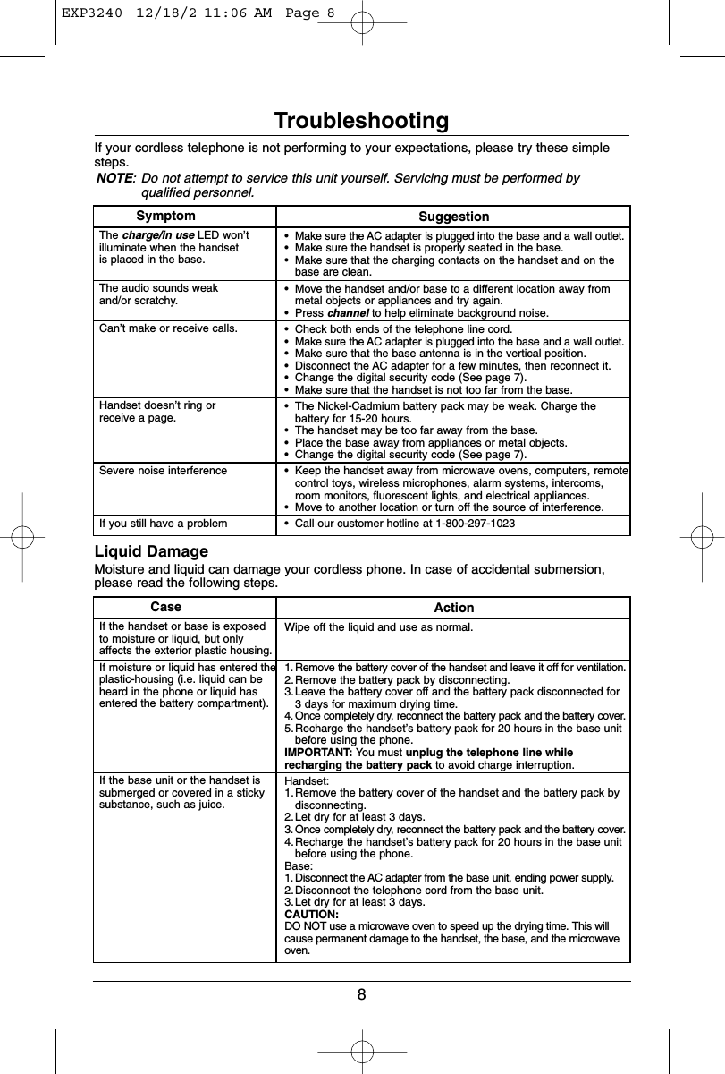 8TroubleshootingIf your cordless telephone is not performing to your expectations, please try these simplesteps.NOTE: Do not attempt to service this unit yourself. Servicing must be performed byqualified personnel.SymptomThe charge/in use LED won’t illuminate when the handset is placed in the base.The audio sounds weak and/or scratchy.Can’t make or receive calls.Handset doesn’t ring or receive a page.Severe noise interference If you still have a problemSuggestion•Make sure the AC adapter is plugged into the base and a wall outlet.•Make sure the handset is properly seated in the base.•Make sure that the charging contacts on the handset and on thebase are clean.•Move the handset and/or base to a different location away frommetal objects or appliances and try again.•Press channel to help eliminate background noise.•Check both ends of the telephone line cord.•Make sure the AC adapter is plugged into the base and a wall outlet.•Make sure that the base antenna is in the vertical position.•Disconnect the AC adapter for a few minutes, then reconnect it.•Change the digital security code (See page 7).•Make sure that the handset is not too far from the base.•The Nickel-Cadmium battery pack may be weak. Charge thebattery for 15-20 hours.•The handset may be too far away from the base.•Place the base away from appliances or metal objects.•Change the digital security code (See page 7).•Keep the handset away from microwave ovens, computers, remotecontrol toys, wireless microphones, alarm systems, intercoms,room monitors, fluorescent lights, and electrical appliances.•Move to another location or turn off the source of interference.•Call our customer hotline at 1-800-297-1023Liquid DamageMoisture and liquid can damage your cordless phone. In case of accidental submersion,please read the following steps.CaseIf the handset or base is exposed to moisture or liquid, but only affects the exterior plastic housing.If moisture or liquid has entered the plastic-housing (i.e. liquid can be heard in the phone or liquid has entered the battery compartment).If the base unit or the handset is submerged or covered in a sticky substance, such as juice.ActionWipe off the liquid and use as normal.1. Remove the battery cover of the handset and leave it off for ventilation.2.Remove the battery pack by disconnecting. 3.Leave the battery cover off and the battery pack disconnected for3 days for maximum drying time.4. Once completely dry, reconnect the battery pack and the battery cover.5.Recharge the handset’s battery pack for 20 hours in the base unitbefore using the phone.IMPORTANT: You must unplug the telephone line whilerecharging the battery pack to avoid charge interruption.Handset:1.Remove the battery cover of the handset and the battery pack bydisconnecting. 2.Let dry for at least 3 days.3. Once completely dry, reconnect the battery pack and the battery cover. 4.Recharge the handset’s battery pack for 20 hours in the base unitbefore using the phone.Base:1. Disconnect the AC adapter from the base unit, ending power supply.2.Disconnect the telephone cord from the base unit.3.Let dry for at least 3 days.CAUTION:DO NOT use a microwave oven to speed up the drying time. This willcause permanent damage to the handset, the base, and the microwaveoven.EXP3240  12/18/2 11:06 AM  Page 8