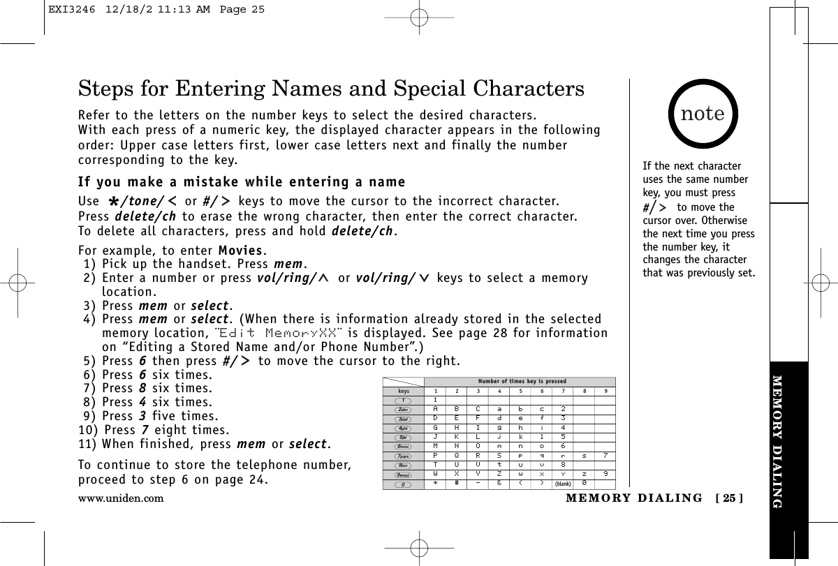 MEMORY DIALINGMEMORY DIALING [ 25 ]www.uniden.comSteps for Entering Names and Special CharactersRefer to the letters on the number keys to select the desired characters.With each press of a numeric key, the displayed character appears in the followingorder: Upper case letters first, lower case letters next and finally the number corresponding to the key.If you make a mistake while entering a nameUse */tone/ or #/ keys to move the cursor to the incorrect character. Press delete/ch to erase the wrong character, then enter the correct character. To delete all characters, press and hold delete/ch.For example, to enter Movies.1) Pick up the handset. Press mem.2) Enter a number or press vol/ring/ or vol/ring/ keys to select a memorylocation.3) Press mem or select. 4) Press mem or select. (When there is information already stored in the selectedmemory location, ¨Edit MemoryXX¨ is displayed. See page 28 for informationon “Editing a Stored Name and/or Phone Number”.)5) Press 6then press #/ to move the cursor to the right.6) Press 6six times.7) Press 8six times.8) Press 4six times.9) Press 3five times.10) Press 7eight times.11) When finished, press mem or select.To continue to store the telephone number,proceed to step 6 on page 24.Number of times key is pressedkeys 1 2 3 4 5 6 7 8 91ABCabc2DEFdef3GHIghi4JKLjkl5MNOmno6PQRSpqrs7TUVtuv8WXYZwxyz9*#-&amp;()(blank) 02abc3def4ghi5jkl6mno7pqrs8tuv9wxyz01If the next characteruses the same numberkey, you must press#/to move thecursor over. Otherwisethe next time you pressthe number key, itchanges the characterthat was previously set.EXI3246  12/18/2 11:13 AM  Page 25