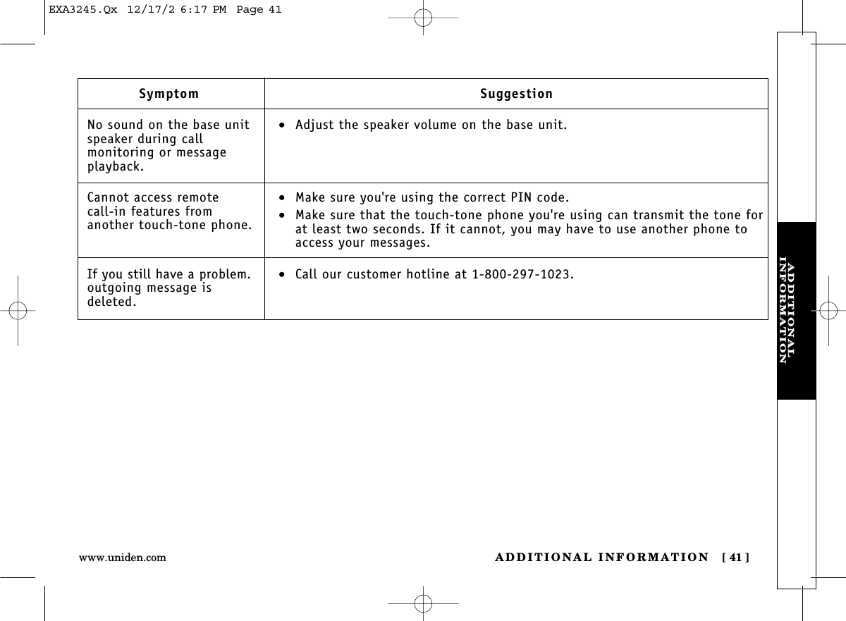 ADDITIONAL INFORMATION [ 41]www.uniden.comADDITIONAL INFORMATIONSymptomNo sound on the base unitspeaker during call monitoring or messageplayback.Cannot access remote call-in features from another touch-tone phone.If you still have a problem.outgoing message is deleted.Suggestion•Adjust the speaker volume on the base unit.•Make sure you&apos;re using the correct PIN code.•Make sure that the touch-tone phone you&apos;re using can transmit the tone forat least two seconds. If it cannot, you may have to use another phone toaccess your messages.•Call our customer hotline at 1-800-297-1023.EXA3245.Qx  12/17/2 6:17 PM  Page 41