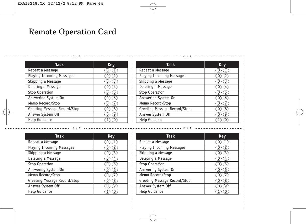 Remote Operation CardC U T C U TC U T C U TTask KeyRepeat a Message  0    1Playing Incoming Messages  0    2Skipping a Message  0    3Deleting a Message  0    4Stop Operation  0    5Answering System On  0    6Memo Record/Stop  0    7Greeting Message Record/Stop  0    8Answer System Off  0    9Help Guidance  1    0Task KeyRepeat a Message  0    1Playing Incoming Messages  0    2Skipping a Message  0    3Deleting a Message  0    4Stop Operation  0    5Answering System On  0    6Memo Record/Stop  0    7Greeting Message Record/Stop  0    8Answer System Off  0    9Help Guidance  1    0Task KeyRepeat a Message  0    1Playing Incoming Messages  0    2Skipping a Message  0    3Deleting a Message  0    4Stop Operation  0    5Answering System On  0    6Memo Record/Stop  0    7Greeting Message Record/Stop  0    8Answer System Off  0    9Help Guidance  1    0Task KeyRepeat a Message  0    1Playing Incoming Messages  0    2Skipping a Message  0    3Deleting a Message  0    4Stop Operation  0    5Answering System On  0    6Memo Record/Stop  0    7Greeting Message Record/Stop  0    8Answer System Off  0    9Help Guidance  1    0EXAI3248.Qx  12/12/2 8:12 PM  Page 64