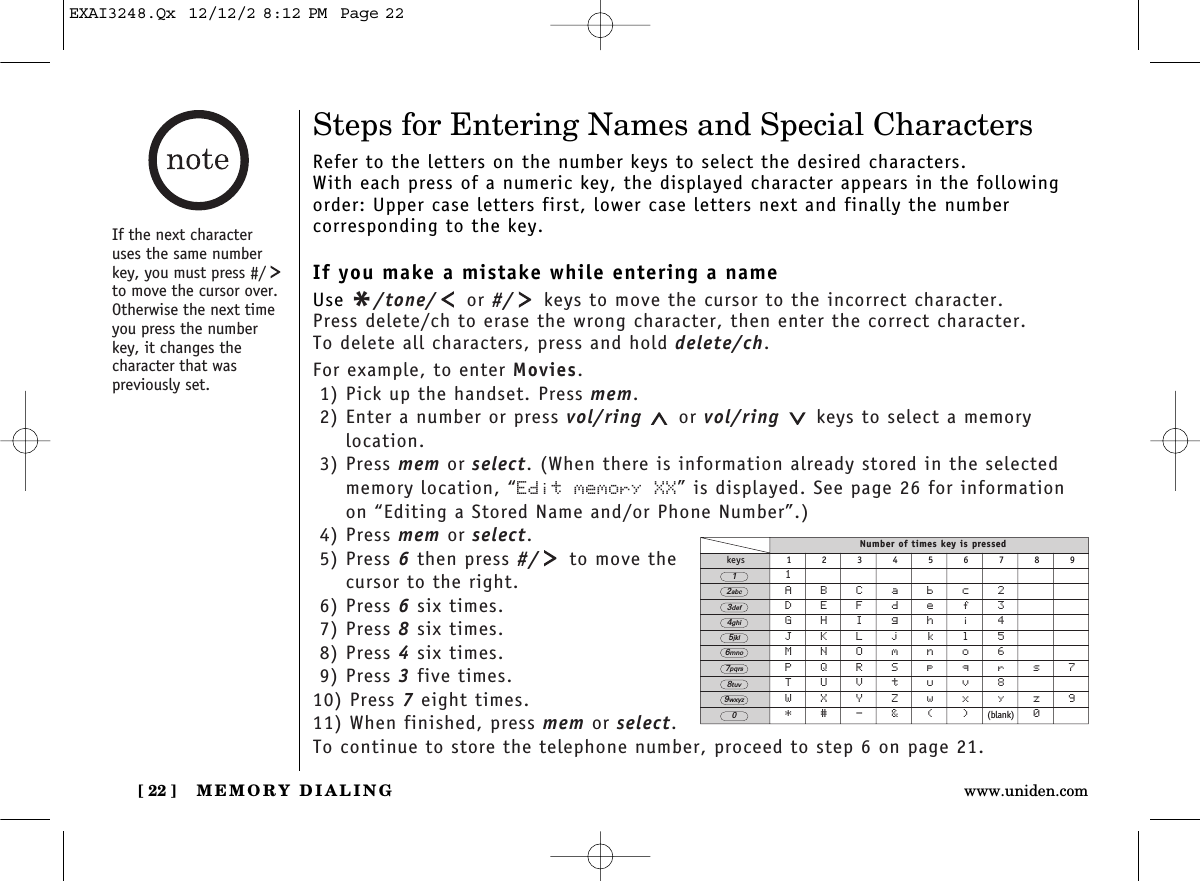 MEMORY DIALING[ 22 ] www.uniden.comSteps for Entering Names and Special CharactersRefer to the letters on the number keys to select the desired characters.With each press of a numeric key, the displayed character appears in the followingorder: Upper case letters first, lower case letters next and finally the number corresponding to the key.If you make a mistake while entering a nameUse */tone/ or #/ keys to move the cursor to the incorrect character. Press delete/ch to erase the wrong character, then enter the correct character. To delete all characters, press and hold delete/ch.For example, to enter Movies.1) Pick up the handset. Press mem.2) Enter a number or press vol/ring  or vol/ring  keys to select a memory location.3) Press mem or select. (When there is information already stored in the selectedmemory location, “Edit memory XX” is displayed. See page 26 for informationon “Editing a Stored Name and/or Phone Number”.)4) Press mem or select.5) Press 6then press #/ to move thecursor to the right.6) Press 6six times.7) Press 8six times.8) Press 4six times.9) Press 3five times.10) Press 7eight times.11) When finished, press mem or select.To continue to store the telephone number, proceed to step 6 on page 21.If the next characteruses the same numberkey, you must press #/to move the cursor over.Otherwise the next timeyou press the numberkey, it changes the character that was previously set.Number of times key is pressedkeys 1 2 3 4 5 6 7 8 91ABCabc2DEFdef3GHIghi4JKLjkl5MNOmno6PQRSpqrs7TUVtuv8WXYZwxyz9*#-&amp;()(blank) 02abc3def4ghi5jkl6mno7pqrs8tuv9wxyz01EXAI3248.Qx  12/12/2 8:12 PM  Page 22