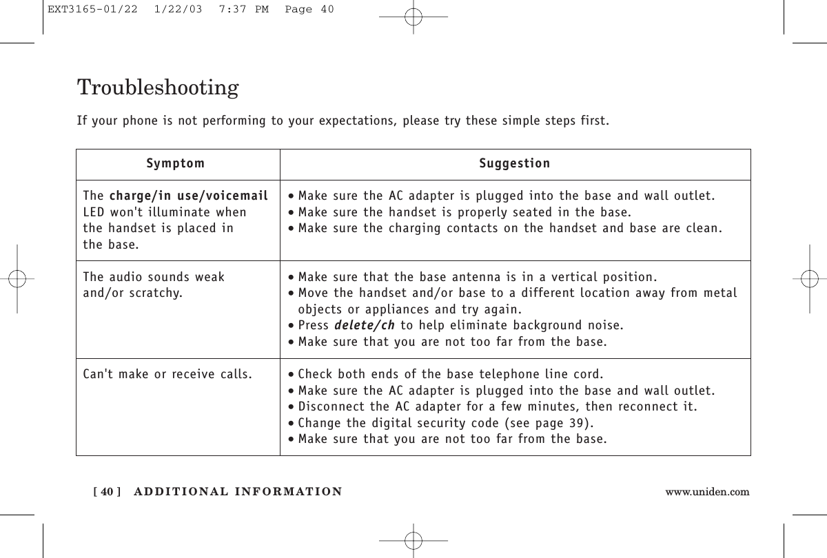 ADDITIONAL INFORMATION[ 40 ] www.uniden.comTroubleshootingIf your phone is not performing to your expectations, please try these simple steps first.SymptomThe charge/in use/voicemailLED won&apos;t illuminate whenthe handset is placed in the base.The audio sounds weakand/or scratchy.Can&apos;t make or receive calls.Suggestion•Make sure the AC adapter is plugged into the base and wall outlet.•Make sure the handset is properly seated in the base.•Make sure the charging contacts on the handset and base are clean.•Make sure that the base antenna is in a vertical position.•Move the handset and/or base to a different location away from metalobjects or appliances and try again.•Press delete/ch to help eliminate background noise.•Make sure that you are not too far from the base.•Check both ends of the base telephone line cord.•Make sure the AC adapter is plugged into the base and wall outlet.•Disconnect the AC adapter for a few minutes, then reconnect it.•Change the digital security code (see page 39).•Make sure that you are not too far from the base.EXT3165-01/22  1/22/03  7:37 PM  Page 40