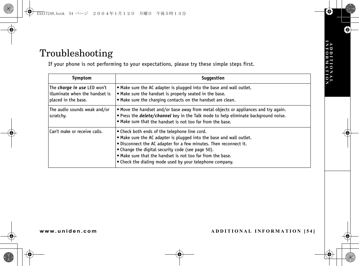 ADDITIONAL INFORMATION [54]www.uniden.comTroubleshootingIf your phone is not performing to your expectations, please try these simple steps first.Symptom SuggestionThe charge in use LED won&apos;t illuminate when the handset is placed in the base.• Make sure the AC adapter is plugged into the base and wall outlet.• Make sure the handset is properly seated in the base.• Make sure the charging contacts on the handset are clean.The audio sounds weak and/or scratchy.• Move the handset and/or base away from metal objects or appliances and try again.• Press the delete/channel key in the Talk mode to help eliminate background noise.• Make sure that the handset is not too far from the base.Can&apos;t make or receive calls. • Check both ends of the telephone line cord.• Make sure the AC adapter is plugged into the base and wall outlet.• Disconnect the AC adapter for a few minutes. Then reconnect it.• Change the digital security code (see page 50).• Make sure that the handset is not too far from the base.• Check the dialing mode used by your telephone company.ADDITIONAL INFORMATIONEXAI7248.book  54 ページ  ２００４年１月１２日　月曜日　午後５時１３分