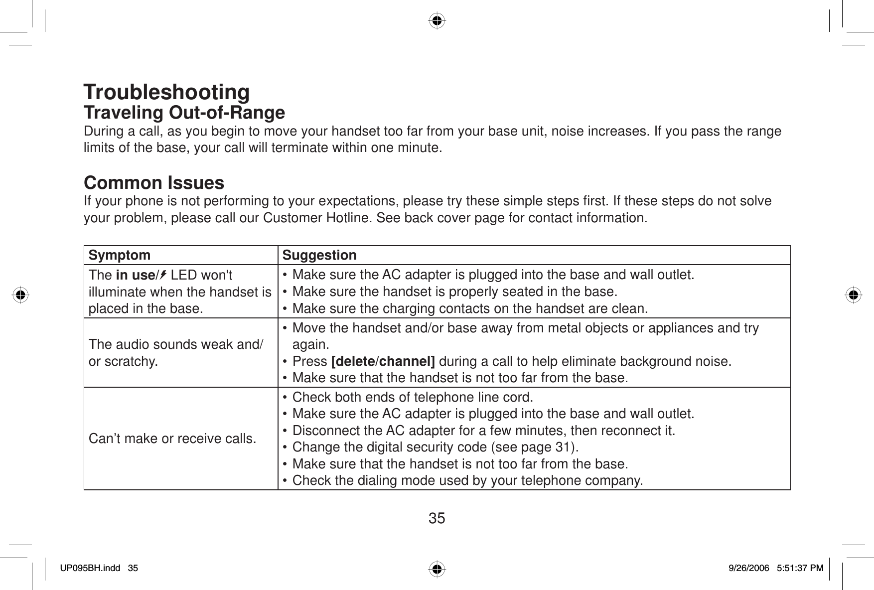 35TroubleshootingTraveling Out-of-RangeDuring a call, as you begin to move your handset too far from your base unit, noise increases. If you pass the range limits of the base, your call will terminate within one minute.Common IssuesIf your phone is not performing to your expectations, please try these simple steps ﬁ rst. If these steps do not solve your problem, please call our Customer Hotline. See back cover page for contact information.Symptom SuggestionThe in use/  LED won&apos;t illuminate when the handset is placed in the base.• Make sure the AC adapter is plugged into the base and wall outlet.• Make sure the handset is properly seated in the base.• Make sure the charging contacts on the handset are clean.The audio sounds weak and/or scratchy.• Move the handset and/or base away from metal objects or appliances and try again.• Press [delete/channel] during a call to help eliminate background noise.• Make sure that the handset is not too far from the base.Can’t make or receive calls.• Check both ends of telephone line cord.• Make sure the AC adapter is plugged into the base and wall outlet.• Disconnect the AC adapter for a few minutes, then reconnect it.• Change the digital security code (see page 31).• Make sure that the handset is not too far from the base.• Check the dialing mode used by your telephone company.UP095BH.indd 35UP095BH.indd   359/26/2006 5:51:37 PM9/26/2006   5:51:37 PM