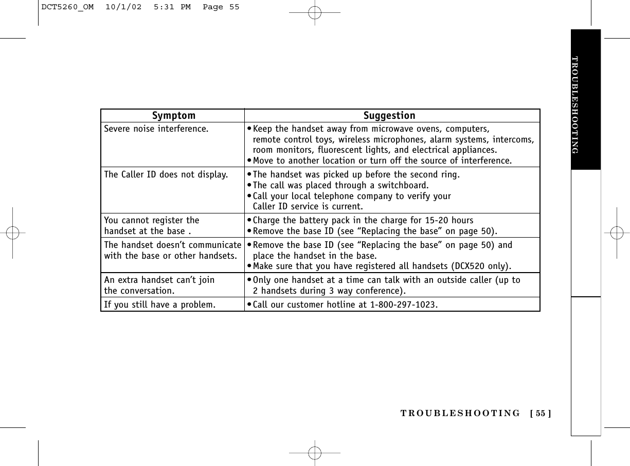 Symptom SuggestionSevere noise interference. •Keep the handset away from microwave ovens, computers, remote control toys, wireless microphones, alarm systems, intercoms, room monitors, fluorescent lights, and electrical appliances.•Move to another location or turn off the source of interference.The Caller ID does not display. •The handset was picked up before the second ring.•The call was placed through a switchboard.•Call your local telephone company to verify your Caller ID service is current.You cannot register the  •Charge the battery pack in the charge for 15-20 hourshandset at the base . •Remove the base ID (see “Replacing the base” on page 50).The handset doesn’t communicate  •Remove the base ID (see “Replacing the base” on page 50) and with the base or other handsets. place the handset in the base.•Make sure that you have registered all handsets (DCX520 only).An extra handset can’t join  •Only one handset at a time can talk with an outside caller (up to the conversation. 2 handsets during 3 way conference).If you still have a problem. •Call our customer hotline at 1-800-297-1023.TROUBLESHOOTINGTROUBLESHOOTING [ 55 ]DCT5260_OM  10/1/02  5:31 PM  Page 55