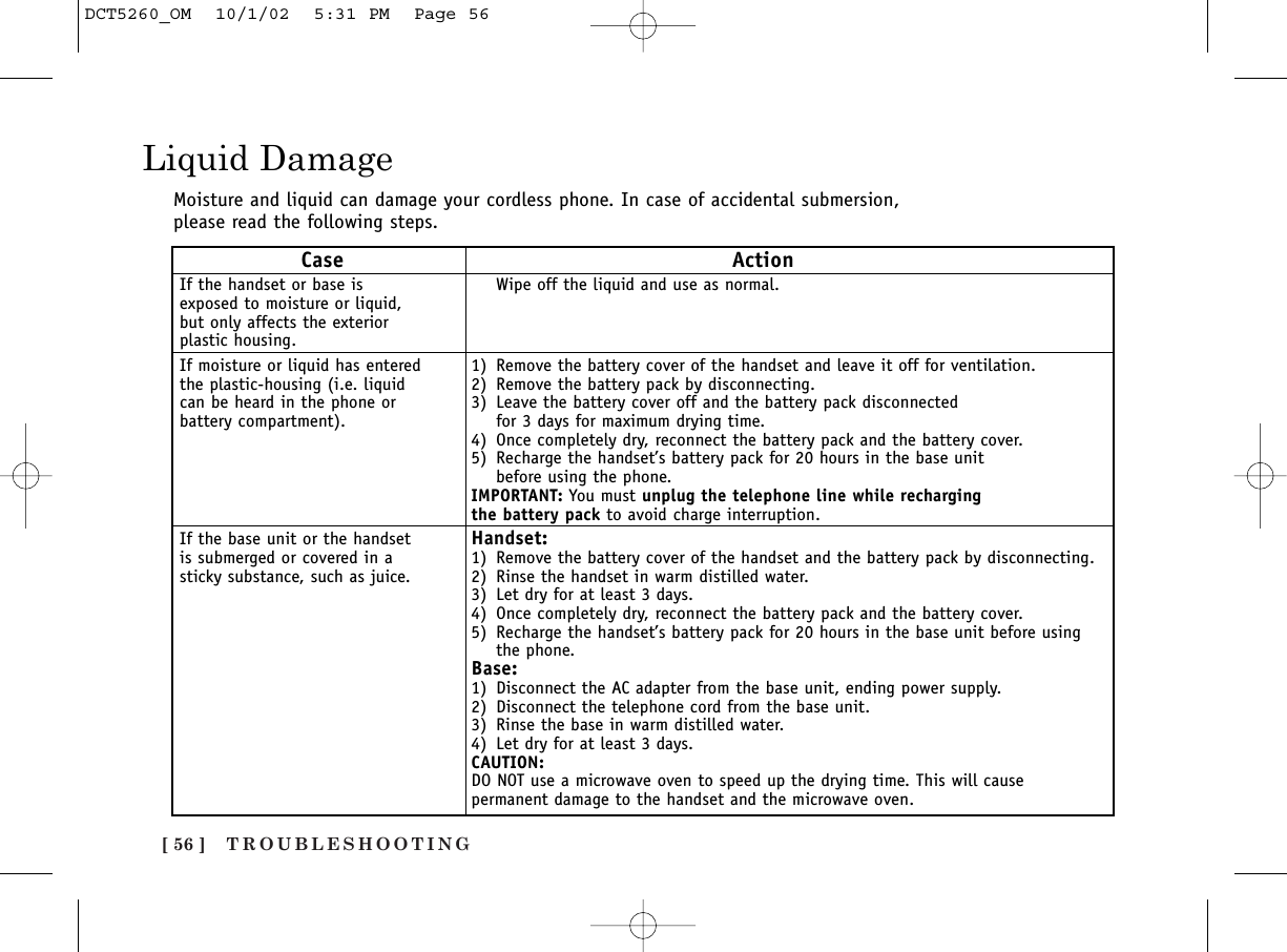 TROUBLESHOOTING[ 56 ]Liquid DamageMoisture and liquid can damage your cordless phone. In case of accidental submersion,please read the following steps.Case ActionIf the handset or base is  Wipe off the liquid and use as normal.exposed to moisture or liquid, but only affects the exterior plastic housing.If moisture or liquid has entered 1) Remove the battery cover of the handset and leave it off for ventilation.the plastic-housing (i.e. liquid  2) Remove the battery pack by disconnecting.can be heard in the phone or  3) Leave the battery cover off and the battery pack disconnected battery compartment). for 3 days for maximum drying time.4) Once completely dry, reconnect the battery pack and the battery cover.5) Recharge the handset’s battery pack for 20 hours in the base unit before using the phone.IMPORTANT: You must unplug the telephone line while rechargingthe battery pack to avoid charge interruption.If the base unit or the handset  Handset:is submerged or covered in a  1) Remove the battery cover of the handset and the battery pack by disconnecting.sticky substance, such as juice. 2) Rinse the handset in warm distilled water.3) Let dry for at least 3 days.4) Once completely dry, reconnect the battery pack and the battery cover.5) Recharge the handset’s battery pack for 20 hours in the base unit before using the phone.Base:1) Disconnect the AC adapter from the base unit, ending power supply.2) Disconnect the telephone cord from the base unit.3) Rinse the base in warm distilled water.4) Let dry for at least 3 days.CAUTION:DO NOT use a microwave oven to speed up the drying time. This will cause permanent damage to the handset and the microwave oven.DCT5260_OM  10/1/02  5:31 PM  Page 56