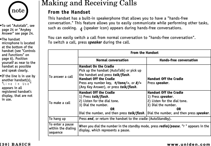 [30] BASICSwww.uniden.comMaking and Receiving CallsFrom the HandsetThis handset has a built-in speakerphone that allows you to have a &quot;hands-free conversation.&quot; This feature allows you to easily communicate while performing other tasks, such as cooking.  (speaker icon) appears during hands-free conversations.You can easily switch a call from normal conversation to &quot;hands-free conversation&quot;.To switch a call, press speaker during the call.From the HandsetNormal conversation Hands-free conversationTo answer a callHandset On the CradlePick up the handset (AutoTalk) or pick up the handset and press talk/flash.Handset Off the CradlePress any number key,*/tone/&lt;, or #/&gt; (Any Key Answer), or press talk/flash.Handset Off the CradlePress speaker.To make a callHandset Off the Cradle1) Press talk/flash.2) Listen for the dial tone.3) Dial the number.ORDial the number, and then press talk/flash.Handset Off the Cradle1) Press speaker.2) Listen for the dial tone.3) Dial the number.ORDial the number, and then press speaker.To hang up Press end, or return the handset to the cradle (AutoStandby).To enter a pause within the dialing sequenceWhen you dial the number in the standby mode, press redial/pause. &quot;P&quot; appears in the display, which represents a pause.To set &quot;Autotalk&quot;, see page 24 or &quot;Anykey Answer&quot; see page 24.The handset microphone is located at the bottom of the handset (see &quot;Controls and Functions&quot; on page 6). Position yourself as near to the handset as possible and speak clearly.If the line is in use by another handset(s), &quot;Line In Use&quot; appears in all registered handset&apos;s display, that are not   in use.noteBASICS