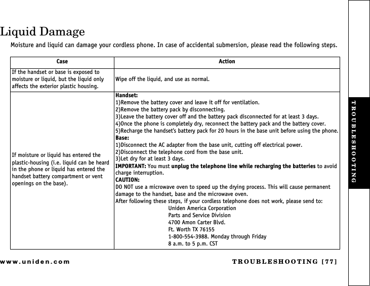 TROUBLESHOOTING [77]www.uniden.comLiquid DamageMoisture and liquid can damage your cordless phone. In case of accidental submersion, please read the following steps.Case ActionIf the handset or base is exposed to moisture or liquid, but the liquid only affects the exterior plastic housing.Wipe off the liquid, and use as normal.If moisture or liquid has entered the plastic-housing (i.e. liquid can be heard in the phone or liquid has entered the handset battery compartment or vent openings on the base).Handset:1)Remove the battery cover and leave it off for ventilation.2)Remove the battery pack by disconnecting.3)Leave the battery cover off and the battery pack disconnected for at least 3 days.4)Once the phone is completely dry, reconnect the battery pack and the battery cover.5)Recharge the handset&apos;s battery pack for 20 hours in the base unit before using the phone.Base:1)Disconnect the AC adapter from the base unit, cutting off electrical power.2)Disconnect the telephone cord from the base unit.3)Let dry for at least 3 days.IMPORTANT: You must unplug the telephone line while recharging the batteries to avoid charge interruption.CAUTION:DO NOT use a microwave oven to speed up the drying process. This will cause permanent damage to the handset, base and the microwave oven.After following these steps, if your cordless telephone does not work, please send to:Uniden America CorporationParts and Service Division4700 Amon Carter Blvd.Ft. Worth TX 761551-800-554-3988. Monday through Friday8 a.m. to 5 p.m. CSTTROUBLESHOOTING