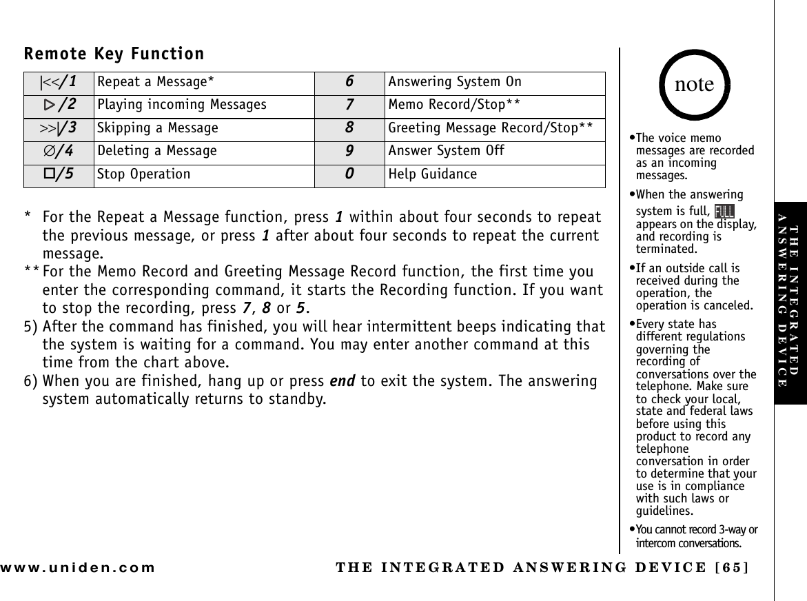 THE INTEGRATED ANSWERING DEVICE [65]www.uniden.comRemote Key Function* For the Repeat a Message function, press 1 within about four seconds to repeat the previous message, or press 1 after about four seconds to repeat the current message.**For the Memo Record and Greeting Message Record function, the first time you enter the corresponding command, it starts the Recording function. If you want to stop the recording, press 7,8 or 5.5) After the command has finished, you will hear intermittent beeps indicating that the system is waiting for a command. You may enter another command at this time from the chart above.6) When you are finished, hang up or press end to exit the system. The answering system automatically returns to standby.|&lt;&lt;/1 Repeat a Message* 6Answering System On/2 Playing incoming Messages 7Memo Record/Stop**&gt;&gt;|/3 Skipping a Message 8Greeting Message Record/Stop**∅/4 Deleting a Message 9Answer System Off/5 Stop Operation 0Help Guidance•The voice memo messages are recorded as an incoming messages.•When the answering system is full,   appears on the display, and recording is terminated.•If an outside call is received during the operation, the operation is canceled.•Every state has different regulations governing the recording of conversations over the telephone. Make sure to check your local, state and federal laws before using this product to record any telephone conversation in order to determine that your use is in compliance with such laws or guidelines.•You cannot record 3-way or intercom conversations.note(7..THE INTEGRATED ANSWERING DEVICE