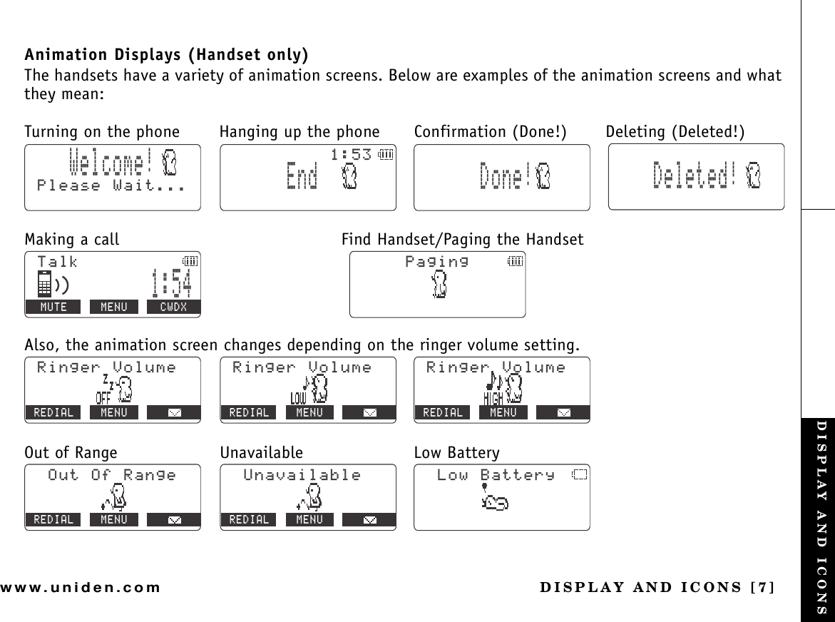 DISPLAY AND ICONS [7]www.uniden.comAnimation Displays (Handset only)The handsets have a variety of animation screens. Below are examples of the animation screens and what they mean:Turning on the phone Hanging up the phone Confirmation (Done!) Deleting (Deleted!)Making a call                                         Find Handset/Paging the HandsetAlso, the animation screen changes depending on the ringer volume setting.Out of Range Unavailable Low Battery9GNEQOG2NGCUG9CKV&apos;PF&amp;QPG &amp;GNGVGF6CNM/76&apos; /&apos;07 %9&amp;:2CIKPI4KPIGT8QNWOG4&apos;&amp;+#. /&apos;074KPIGT8QNWOG4&apos;&amp;+#. /&apos;07?4KPIGT8QNWOG4&apos;&amp;+#. /&apos;071WV1H4CPIG4&apos;&amp;+#. /&apos;077PCXCKNCDNG4&apos;&amp;+#. /&apos;07.QY$CVVGT[DISPLAY AND ICONS