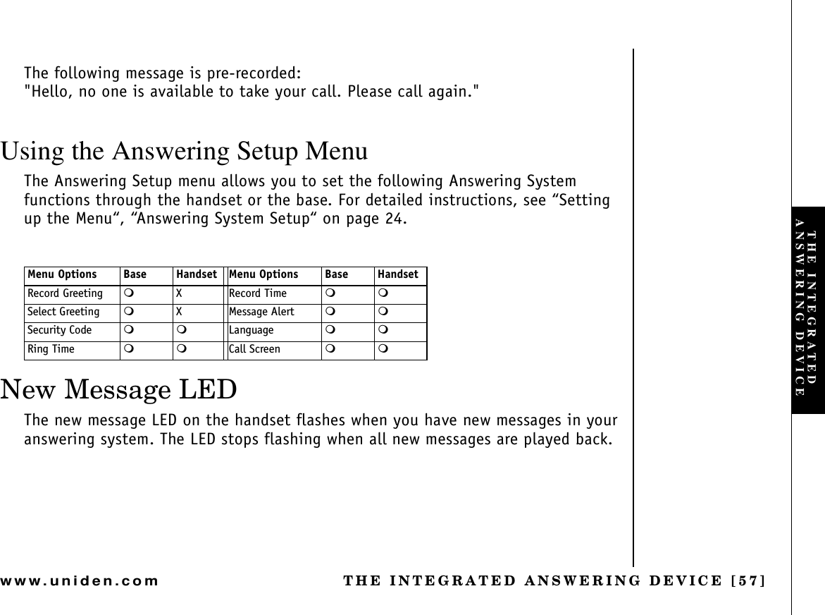 THE INTEGRATED ANSWERING DEVICE [57]www.uniden.comThe following message is pre-recorded:&quot;Hello, no one is available to take your call. Please call again.&quot;Using the Answering Setup MenuThe Answering Setup menu allows you to set the following Answering System functions through the handset or the base. For detailed instructions, see “Setting up the Menu“, “Answering System Setup“ on page 24.New Message LEDThe new message LED on the handset flashes when you have new messages in your answering system. The LED stops flashing when all new messages are played back.Menu Options Base Handset Menu Options Base HandsetRecord Greeting X Record Time Select Greeting X Message Alert Security Code Language Ring Time Call Screen THE INTEGRATED ANSWERING DEVICE