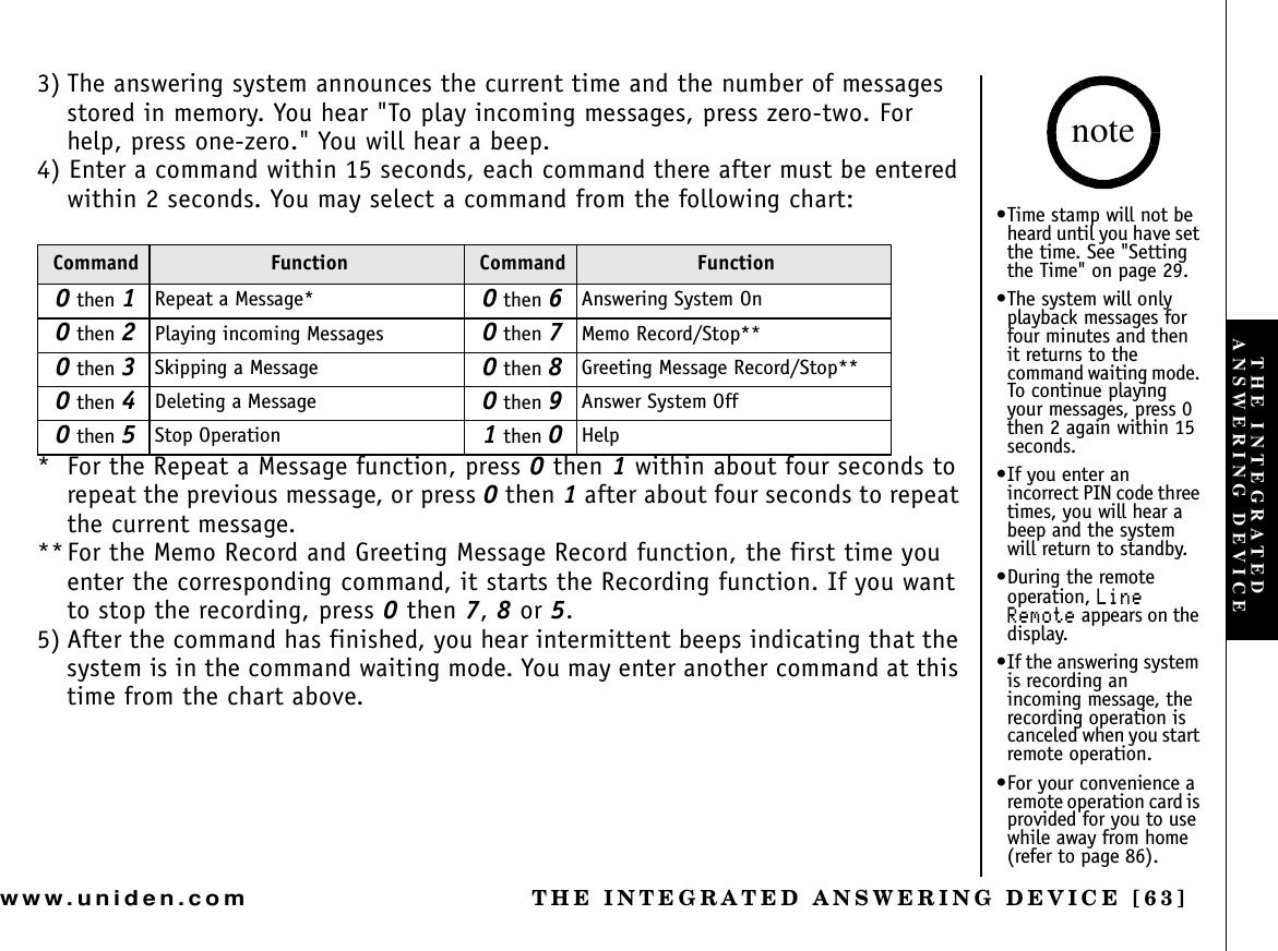 THE INTEGRATED ANSWERING DEVICE [63]www.uniden.com3) The answering system announces the current time and the number of messages stored in memory. You hear &quot;To play incoming messages, press zero-two. For help, press one-zero.&quot; You will hear a beep.4) Enter a command within 15 seconds, each command there after must be entered within 2 seconds. You may select a command from the following chart:* For the Repeat a Message function, press 0 then 1 within about four seconds to repeat the previous message, or press 0 then 1 after about four seconds to repeat the current message.**For the Memo Record and Greeting Message Record function, the first time you enter the corresponding command, it starts the Recording function. If you want to stop the recording, press 0 then 7,8 or 5.5) After the command has finished, you hear intermittent beeps indicating that the system is in the command waiting mode. You may enter another command at this time from the chart above.Command Function Command Function0 then 1Repeat a Message* 0 then 6Answering System On0 then 2Playing incoming Messages 0 then 7Memo Record/Stop**0 then 3Skipping a Message 0 then 8Greeting Message Record/Stop**0 then 4Deleting a Message 0 then 9Answer System Off0 then 5Stop Operation 1 then 0Help•Time stamp will not be heard until you have set the time. See &quot;Setting the Time&quot; on page 29.•The system will only playback messages for four minutes and then it returns to the command waiting mode. To continue playing your messages, press 0 then 2 again within 15 seconds.•If you enter an incorrect PIN code three times, you will hear a beep and the system will return to standby.•During the remote operation, .KPG4GOQVG appears on the display.•If the answering system is recording an incoming message, the recording operation is canceled when you start remote operation.•For your convenience a remote operation card is provided for you to use while away from home (refer to page 86).noteTHE INTEGRATED ANSWERING DEVICE