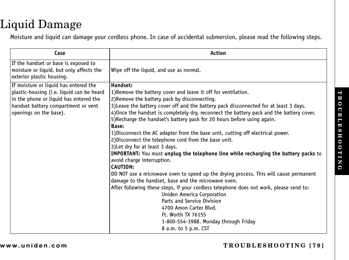 TROUBLESHOOTING [79]www.uniden.comLiquid DamageMoisture and liquid can damage your cordless phone. In case of accidental submersion, please read the following steps.Case ActionIf the handset or base is exposed to moisture or liquid, but only affects the exterior plastic housing.Wipe off the liquid, and use as normal.If moisture or liquid has entered the plastic-housing (i.e. liquid can be heard in the phone or liquid has entered the handset battery compartment or vent openings on the base).Handset:1)Remove the battery cover and leave it off for ventilation.2)Remove the battery pack by disconnecting.3)Leave the battery cover off and the battery pack disconnected for at least 3 days.4)Once the handset is completely dry, reconnect the battery pack and the battery cover.5)Recharge the handset&apos;s battery pack for 20 hours before using again.Base:1)Disconnect the AC adapter from the base unit, cutting off electrical power.2)Disconnect the telephone cord from the base unit.3)Let dry for at least 3 days.IMPORTANT: You must unplug the telephone line while recharging the battery packs to avoid charge interruption.CAUTION:DO NOT use a microwave oven to speed up the drying process. This will cause permanent damage to the handset, base and the microwave oven.After following these steps, if your cordless telephone does not work, please send to:Uniden America CorporationParts and Service Division4700 Amon Carter Blvd.Ft. Worth TX 761551-800-554-3988. Monday through Friday8 a.m. to 5 p.m. CSTTROUBLESHOOTING