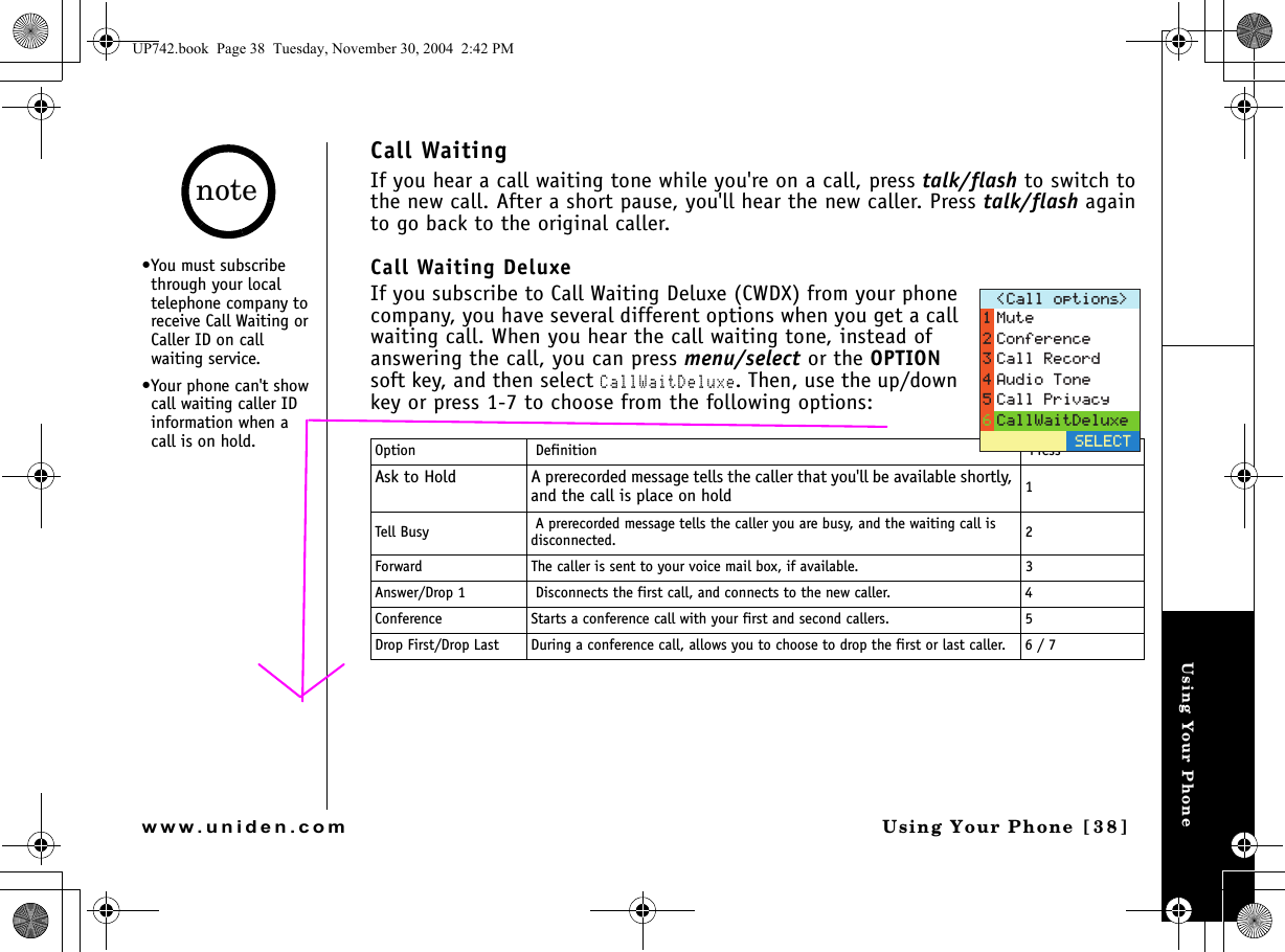 Using Your PhoneUsing Your Phone [38]www.uniden.comCall WaitingIf you hear a call waiting tone while you&apos;re on a call, press talk/flash to switch to the new call. After a short pause, you&apos;ll hear the new caller. Press talk/flash again to go back to the original caller.Call Waiting DeluxeIf you subscribe to Call Waiting Deluxe (CWDX) from your phone company, you have several different options when you get a call waiting call. When you hear the call waiting tone, instead of answering the call, you can press menu/select or the OPTION soft key, and then select CallWaitDeluxe. Then, use the up/down key or press 1-7 to choose from the following options:Option  Definition  PressAsk to Hold A prerecorded message tells the caller that you&apos;ll be available shortly, and the call is place on hold  1Tell Busy  A prerecorded message tells the caller you are busy, and the waiting call is disconnected. 2Forward  The caller is sent to your voice mail box, if available.  3Answer/Drop 1   Disconnects the first call, and connects to the new caller. 4Conference Starts a conference call with your first and second callers.  5Drop First/Drop Last During a conference call, allows you to choose to drop the first or last caller.  6 / 7%CNNQRVKQPU 5&apos;.&apos;%6/WVG%QPHGTGPEG%CNN4GEQTF#WFKQ6QPG%CNN2TKXCE[%CNN9CKV&amp;GNWZG•You must subscribe through your local telephone company to receive Call Waiting or Caller ID on call waiting service.•Your phone can&apos;t show call waiting caller ID information when a call is on hold.noteUP742.book  Page 38  Tuesday, November 30, 2004  2:42 PM