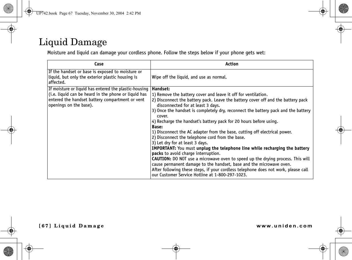 [67] Liquid Damagewww.uniden.comLiquid DamageMoisture and liquid can damage your cordless phone. Follow the steps below if your phone gets wet:Case ActionIf the handset or base is exposed to moisture or liquid, but only the exterior plastic housing is affected.Wipe off the liquid, and use as normal.If moisture or liquid has entered the plastic-housing (i.e. liquid can be heard in the phone or liquid has entered the handset battery compartment or vent openings on the base).Handset:1) Remove the battery cover and leave it off for ventilation.2) Disconnect the battery pack. Leave the battery cover off and the battery pack disconnected for at least 3 days.3) Once the handset is completely dry, reconnect the battery pack and the battery cover.4) Recharge the handset&apos;s battery pack for 20 hours before using.Base:1) Disconnect the AC adapter from the base, cutting off electrical power.2) Disconnect the telephone cord from the base.3) Let dry for at least 3 days.IMPORTANT: You must unplug the telephone line while recharging the battery packs to avoid charge interruption.CAUTION: DO NOT use a microwave oven to speed up the drying process. This will cause permanent damage to the handset, base and the microwave oven.After following these steps, if your cordless telephone does not work, please call our Customer Service Hotline at 1-800-297-1023.UP742.book  Page 67  Tuesday, November 30, 2004  2:42 PM