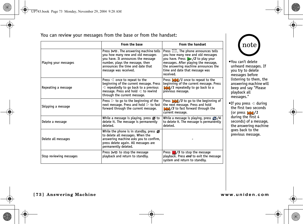 Answering Machine[73]  Answering Machinewww.uniden.comYou can review your messages from the base or from the handset:From the base From the handsetPlaying your messagesPress  . The answering machine tells you how many new and old messages you have. It announces the message number, plays the message, then announces the time and date that message was received.Press  , The phone announces tells you how many new and old messages you have. Press  /2 to play your messages. After playing the message, the answering machine announces the time and date that message was received.Repeating a messagePress   once to repeat to the beginning of the current message. Press  repeatedly to go back to a previous message. Press and hold   to rewind through the current message.Press  /1 once to repeat to the beginning of the current message. Press /1 repeatedly to go back to a previous message.Skipping a messagePress   to go to the beginning of the next message. Press and hold   to fast forward through the current message.Press  /3 to go to the beginning of the next message. Press and hold /3 to fast forward through the current message.Delete a messageWhile a message is playing, press   to delete it. The message is permanently deleted.While a message is playing, press  /4 to delete it. The message is permanently deleted.Delete all messagesWhile the phone is in standby, press   to delete all messages. When the answering machine asks you to confirm, press delete again. All messages are permanently deleted.-Stop reviewing messages Press   to stop the message playback and return to standby.Press  /5 to stop the message playback. Press end to exit the message system and return to standby.•You can&apos;t delete unheard messages. If you try to delete messages before listening to them, the answering machine will beep and say &quot;Please playback all messages.&quot;•If you press   during the first two seconds (or press  /1 during the first 4 seconds) of a message, the answering machine goes back to the previous message. noteUP743.book  Page 73  Monday, November 29, 2004  9:28 AM