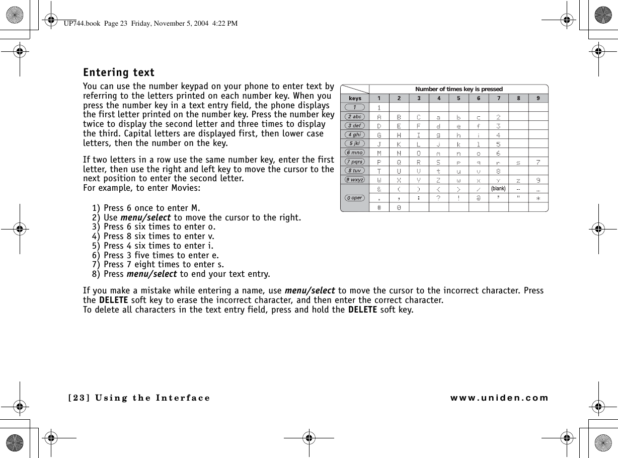[23] Using the Interfacewww.uniden.comEntering textYou can use the number keypad on your phone to enter text by referring to the letters printed on each number key. When you press the number key in a text entry field, the phone displays the first letter printed on the number key. Press the number key twice to display the second letter and three times to display the third. Capital letters are displayed first, then lower case letters, then the number on the key.If two letters in a row use the same number key, enter the first letter, then use the right and left key to move the cursor to the next position to enter the second letter.For example, to enter Movies:1) Press 6 once to enter M.2) Use menu/select to move the cursor to the right.3) Press 6 six times to enter o.4) Press 8 six times to enter v.5) Press 4 six times to enter i.6) Press 3 five times to enter e.7) Press 7 eight times to enter s.8) Press menu/select to end your text entry.If you make a mistake while entering a name, use menu/select to move the cursor to the incorrect character. Press the DELETE soft key to erase the incorrect character, and then enter the correct character. To delete all characters in the text entry field, press and hold the DELETE soft key.Number of times key is pressedUP744.book  Page 23  Friday, November 5, 2004  4:22 PM