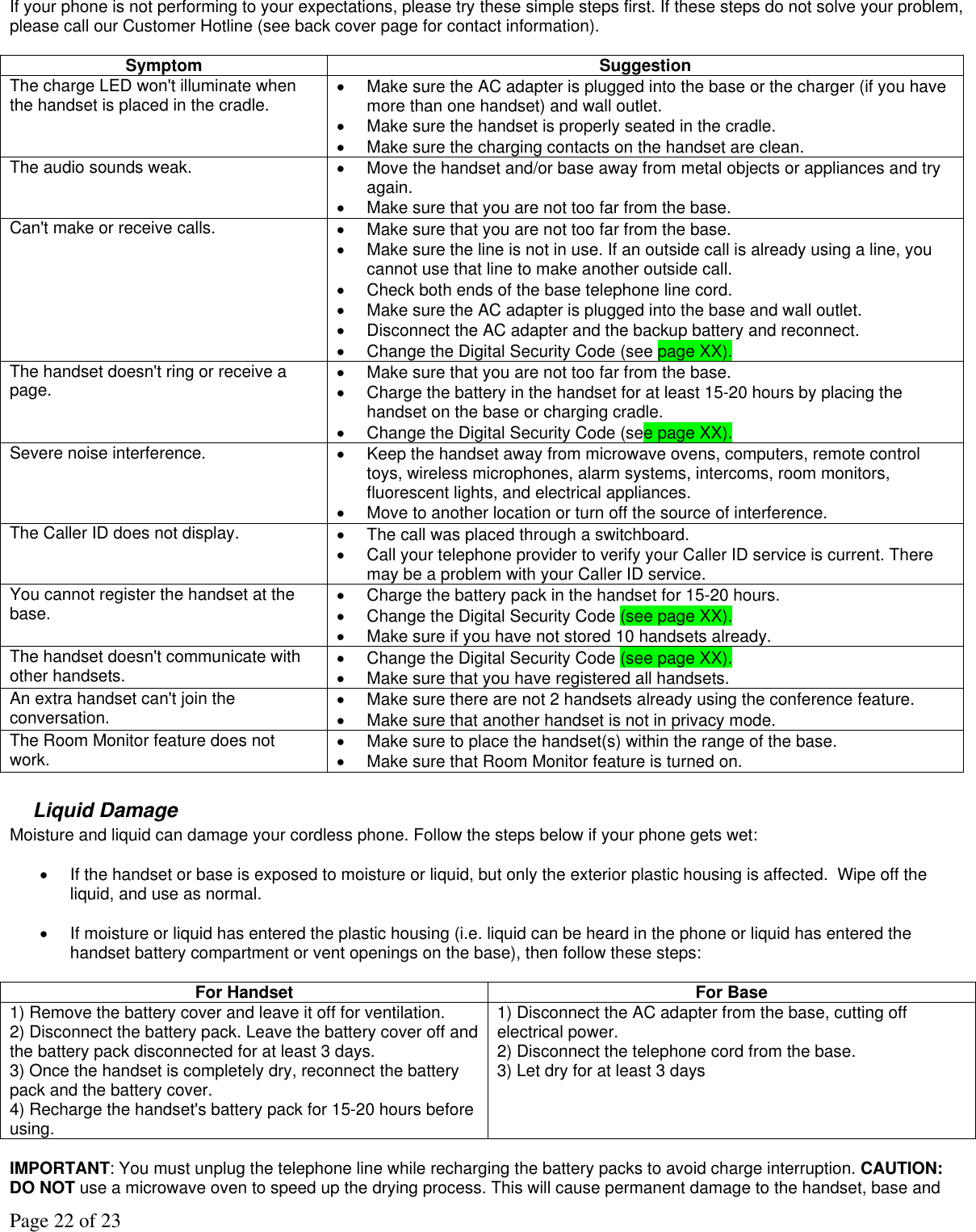 Page 22 of 23 If your phone is not performing to your expectations, please try these simple steps first. If these steps do not solve your problem, please call our Customer Hotline (see back cover page for contact information).  Symptom Suggestion The charge LED won&apos;t illuminate when the handset is placed in the cradle.  •  Make sure the AC adapter is plugged into the base or the charger (if you have more than one handset) and wall outlet. •  Make sure the handset is properly seated in the cradle. •  Make sure the charging contacts on the handset are clean.   The audio sounds weak.  •  Move the handset and/or base away from metal objects or appliances and try again. •  Make sure that you are not too far from the base.   Can&apos;t make or receive calls.  •  Make sure that you are not too far from the base.  •  Make sure the line is not in use. If an outside call is already using a line, you cannot use that line to make another outside call. •  Check both ends of the base telephone line cord. •  Make sure the AC adapter is plugged into the base and wall outlet. •  Disconnect the AC adapter and the backup battery and reconnect. •  Change the Digital Security Code (see page XX).   The handset doesn&apos;t ring or receive a page. •  Make sure that you are not too far from the base.  •  Charge the battery in the handset for at least 15-20 hours by placing the handset on the base or charging cradle. •  Change the Digital Security Code (see page XX).   Severe noise interference.  •  Keep the handset away from microwave ovens, computers, remote control toys, wireless microphones, alarm systems, intercoms, room monitors, fluorescent lights, and electrical appliances. •  Move to another location or turn off the source of interference.  The Caller ID does not display.   •  The call was placed through a switchboard.  •  Call your telephone provider to verify your Caller ID service is current. There may be a problem with your Caller ID service.  You cannot register the handset at the base.   •  Charge the battery pack in the handset for 15-20 hours. •  Change the Digital Security Code (see page XX). •  Make sure if you have not stored 10 handsets already. The handset doesn&apos;t communicate with other handsets.  •  Change the Digital Security Code (see page XX). •  Make sure that you have registered all handsets.  An extra handset can&apos;t join the conversation. •  Make sure there are not 2 handsets already using the conference feature.  •  Make sure that another handset is not in privacy mode.   The Room Monitor feature does not work.  •  Make sure to place the handset(s) within the range of the base. •  Make sure that Room Monitor feature is turned on.    Liquid Damage  Moisture and liquid can damage your cordless phone. Follow the steps below if your phone gets wet:   •  If the handset or base is exposed to moisture or liquid, but only the exterior plastic housing is affected.  Wipe off the liquid, and use as normal.   •  If moisture or liquid has entered the plastic housing (i.e. liquid can be heard in the phone or liquid has entered the handset battery compartment or vent openings on the base), then follow these steps:   For Handset  For Base 1) Remove the battery cover and leave it off for ventilation.  2) Disconnect the battery pack. Leave the battery cover off and the battery pack disconnected for at least 3 days.  3) Once the handset is completely dry, reconnect the battery pack and the battery cover.  4) Recharge the handset&apos;s battery pack for 15-20 hours before using.  1) Disconnect the AC adapter from the base, cutting off electrical power.  2) Disconnect the telephone cord from the base.  3) Let dry for at least 3 days   IMPORTANT: You must unplug the telephone line while recharging the battery packs to avoid charge interruption. CAUTION: DO NOT use a microwave oven to speed up the drying process. This will cause permanent damage to the handset, base and 